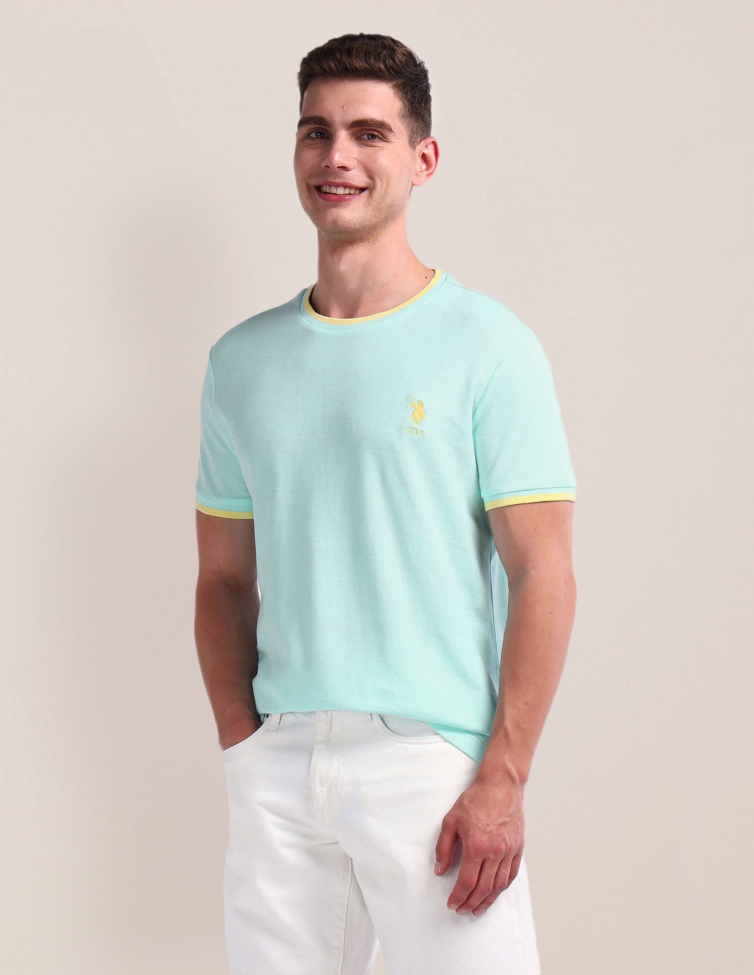 Tipped Slim Fit Cotton T-Shirt Light Blue - U.S. Polo Assn. India | Large