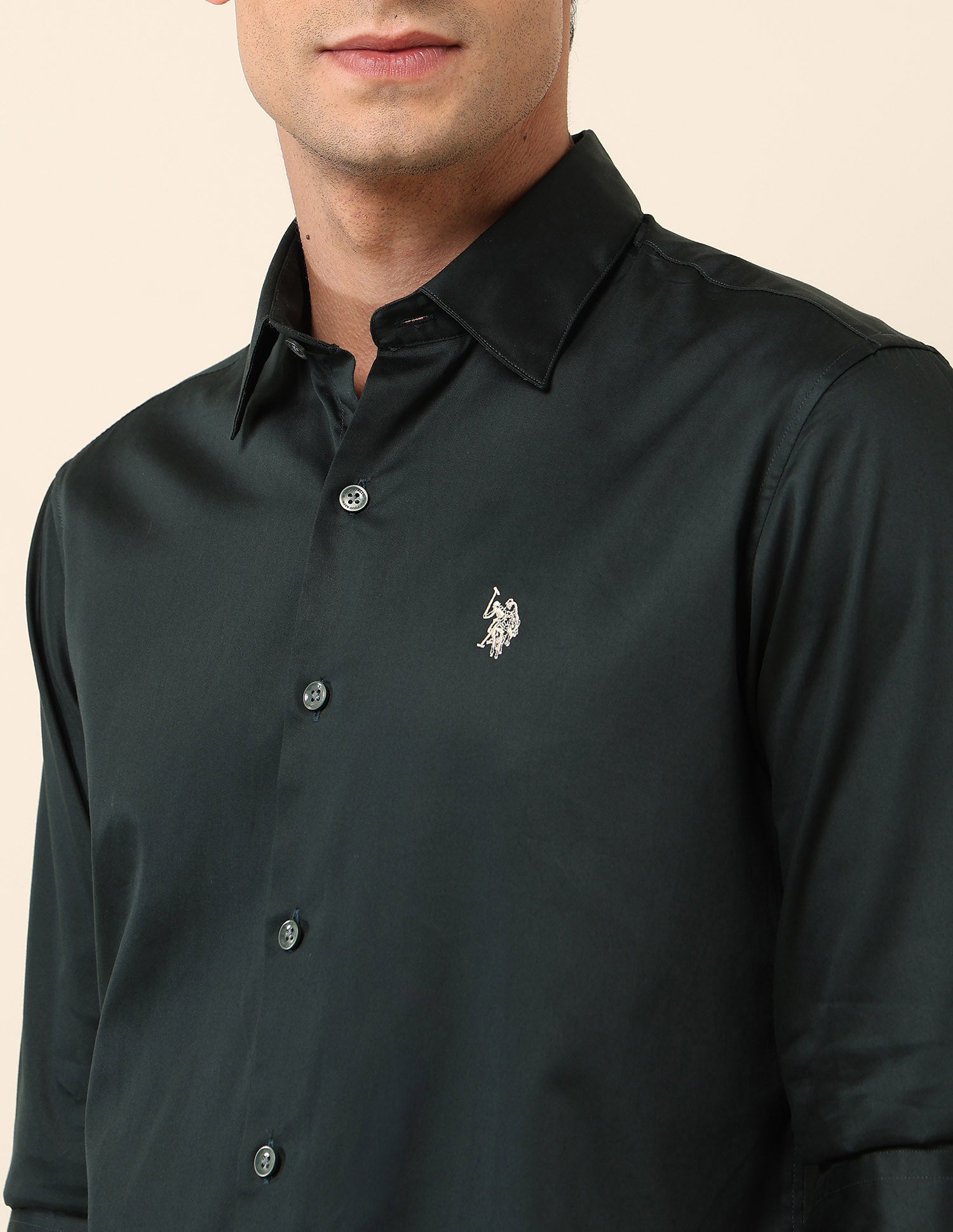 Tailored Fit Satin Pure Cotton Shirt Dark Olive - U.S. Polo Assn. India | Large