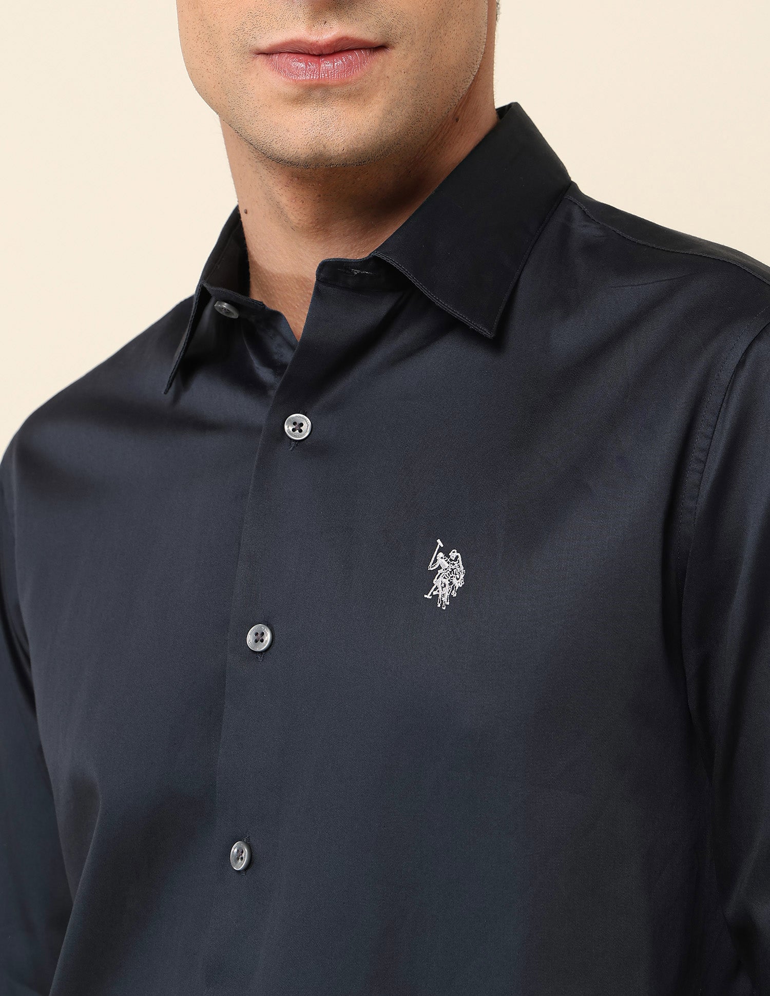 Tailored Fit Satin Pure Cotton Shirt Navy - U.S. Polo Assn. India | Large