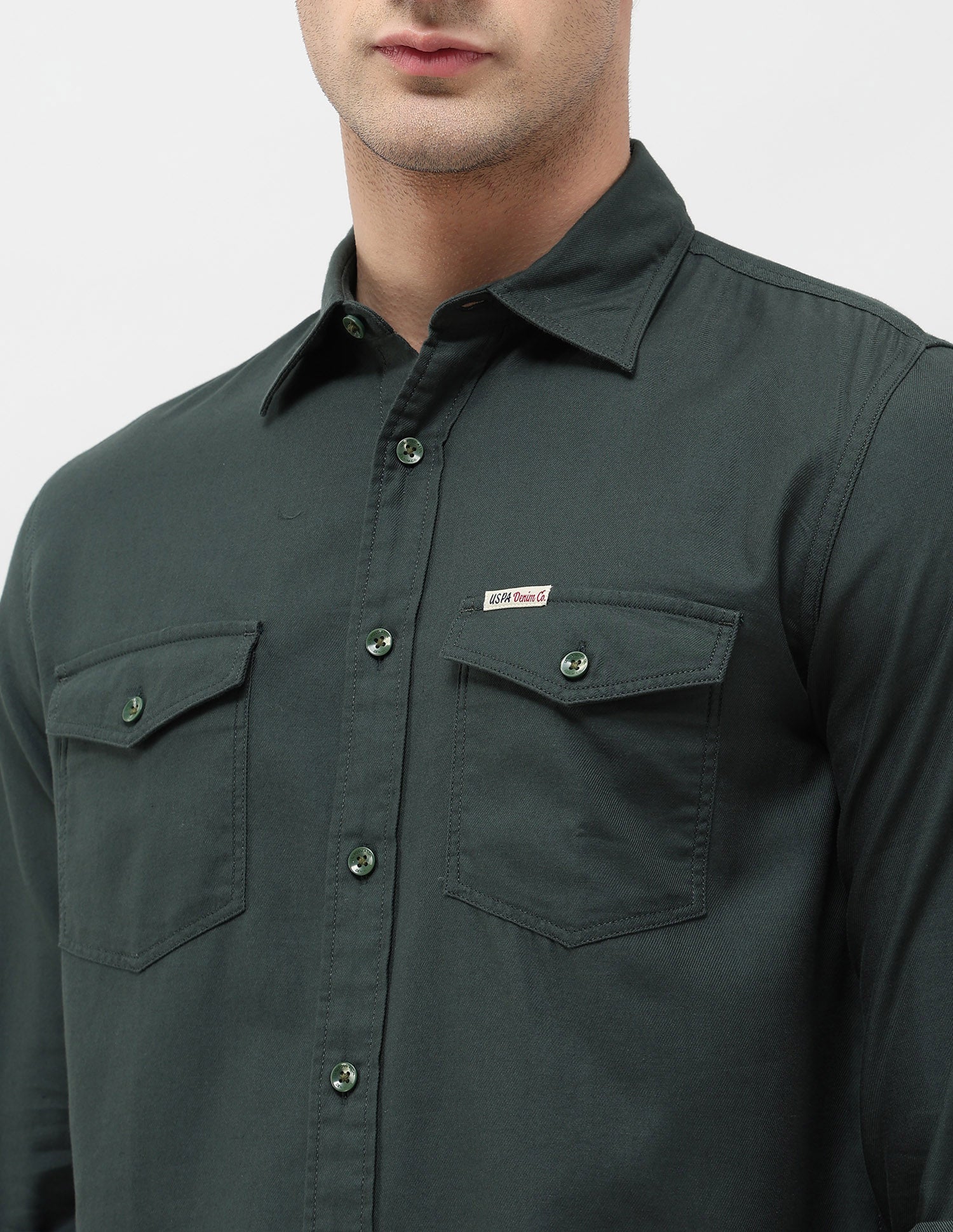 Solid Regular Fit Twill Shirt Dark Green - U.S. POLO ASSN. | Large