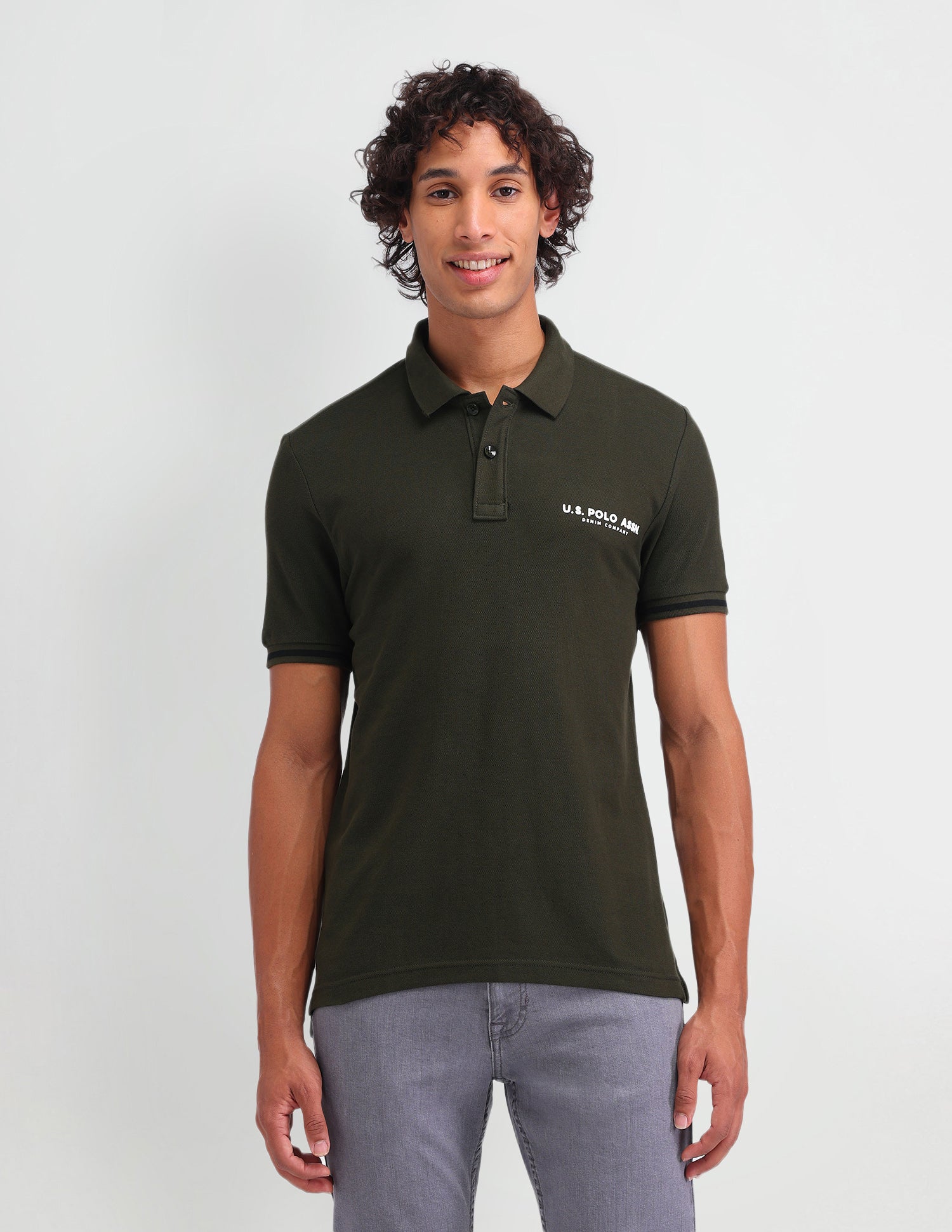 Solid Cotton Muscle Fit Polo Shirt Olive - U.S. Polo Assn. India | Large