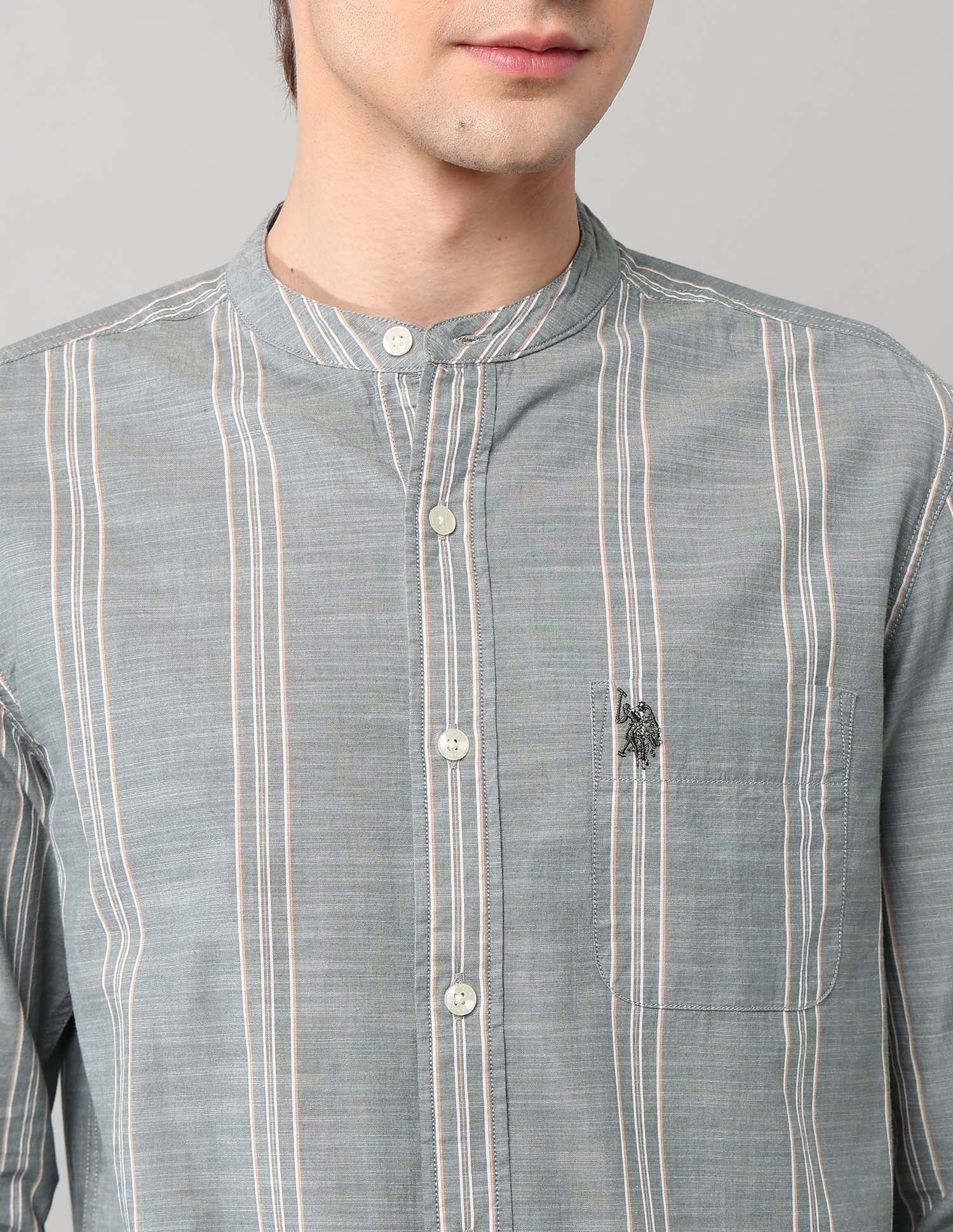 Pure Cotton Regular Fit Mandarin Shirt Green - U.S. Polo Assn. India | Large