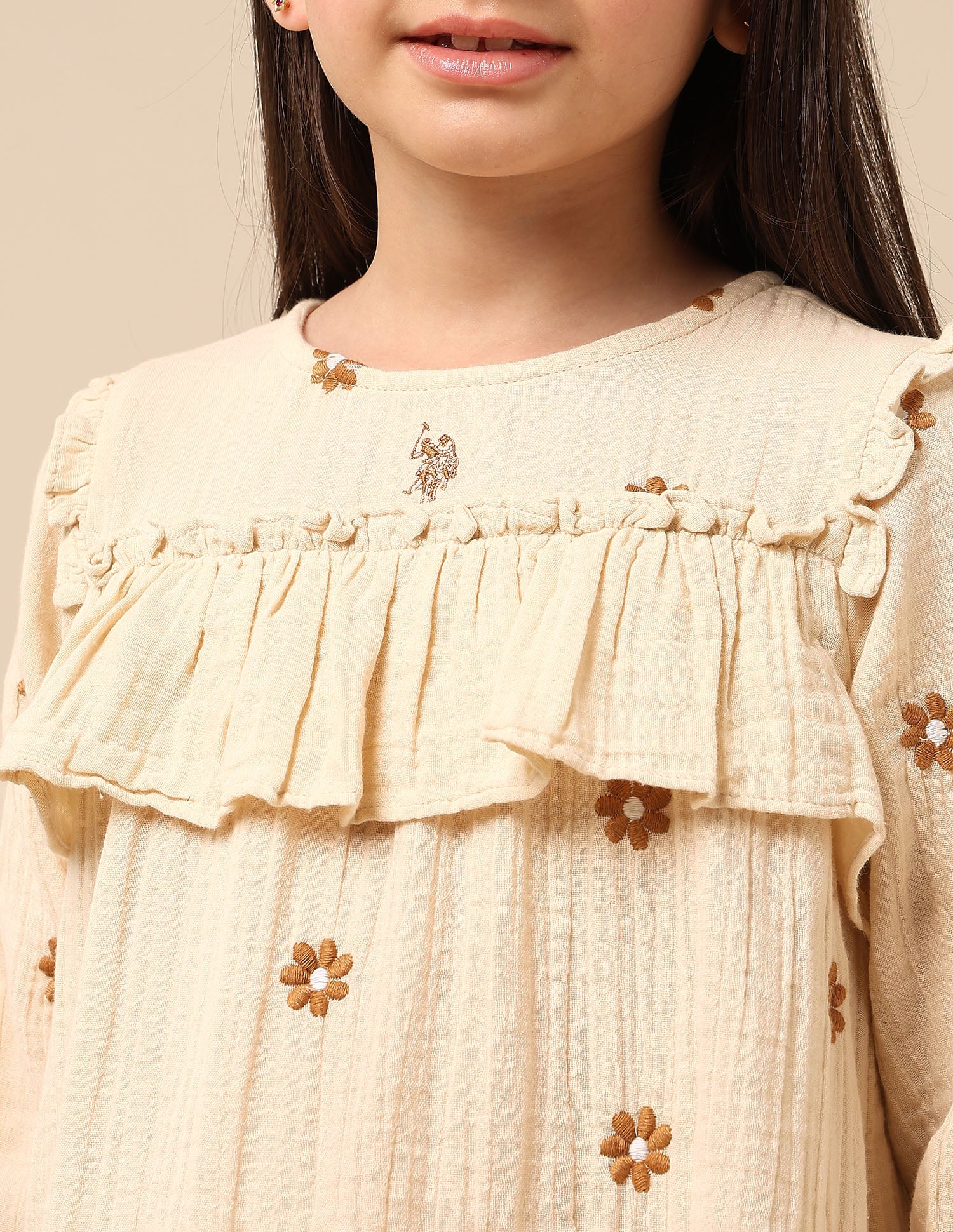 Girls Floral Embroidered A-Line Dress Beige - U.S. POLO ASSN. | Large