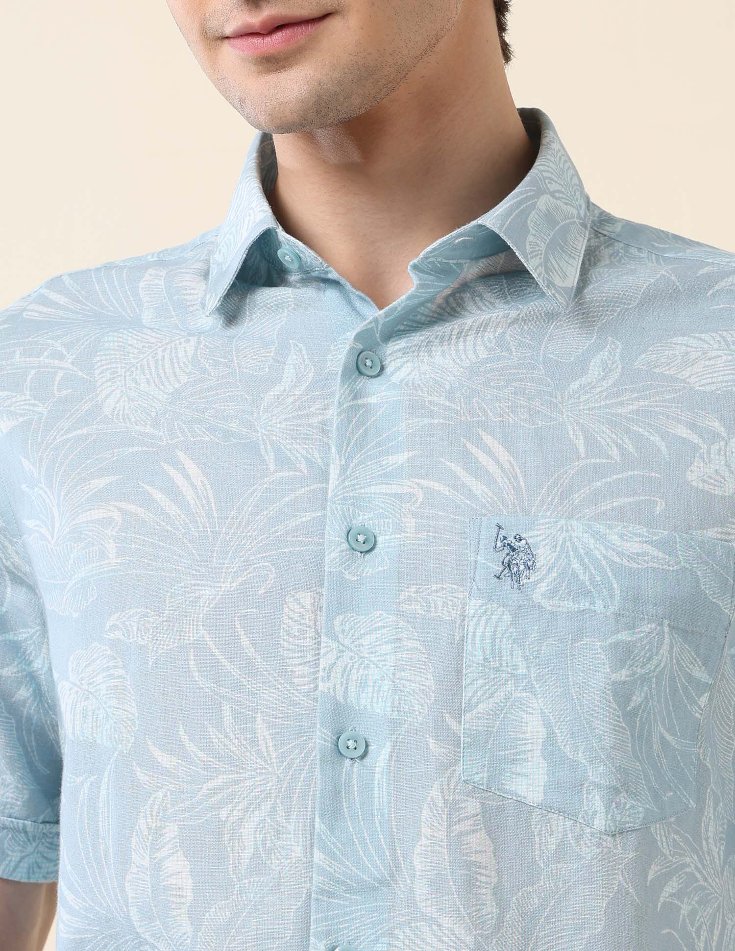 Tropical Printed Tailored Fit Shirt Aqua - U.S. Polo Assn. India | Large