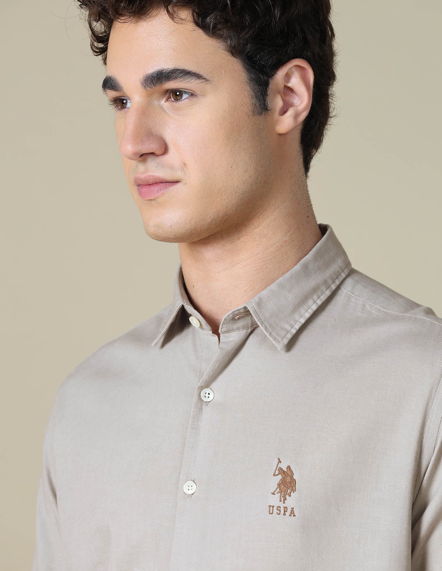 Solid Regular Fit Shirt Beige - U.S. Polo Assn. India | Large