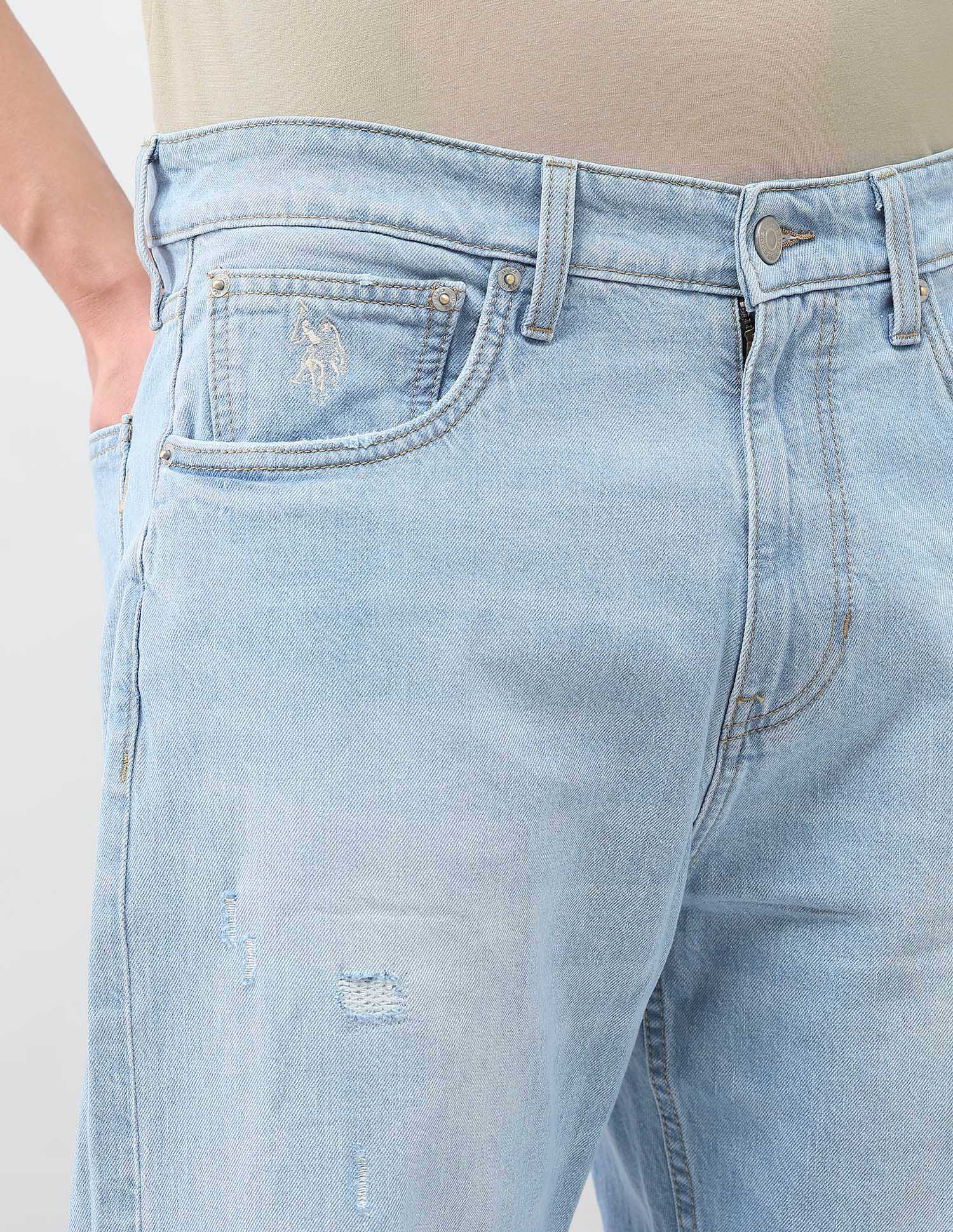 Logan Loose Straight Fit Blue Distressed Jeans Light Blue - U.S. Polo Assn. India | Large