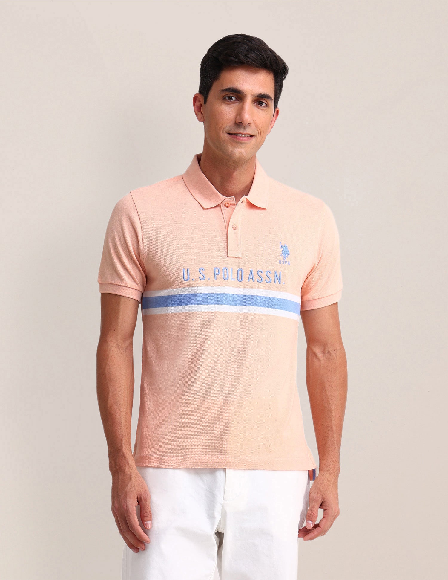 Horizontal Striped Slim Fit Polo Shirt Peach - U.S. POLO ASSN. | Large