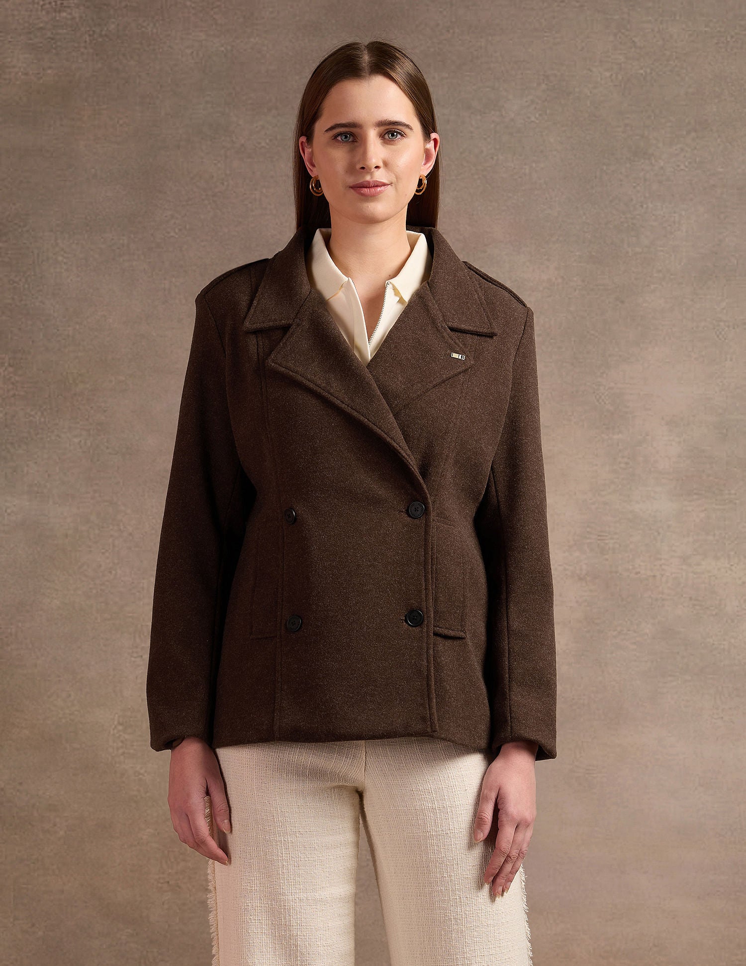 Notched Collar Double-Breasted Jacket Brown - U.S. POLO ASSN. | Large