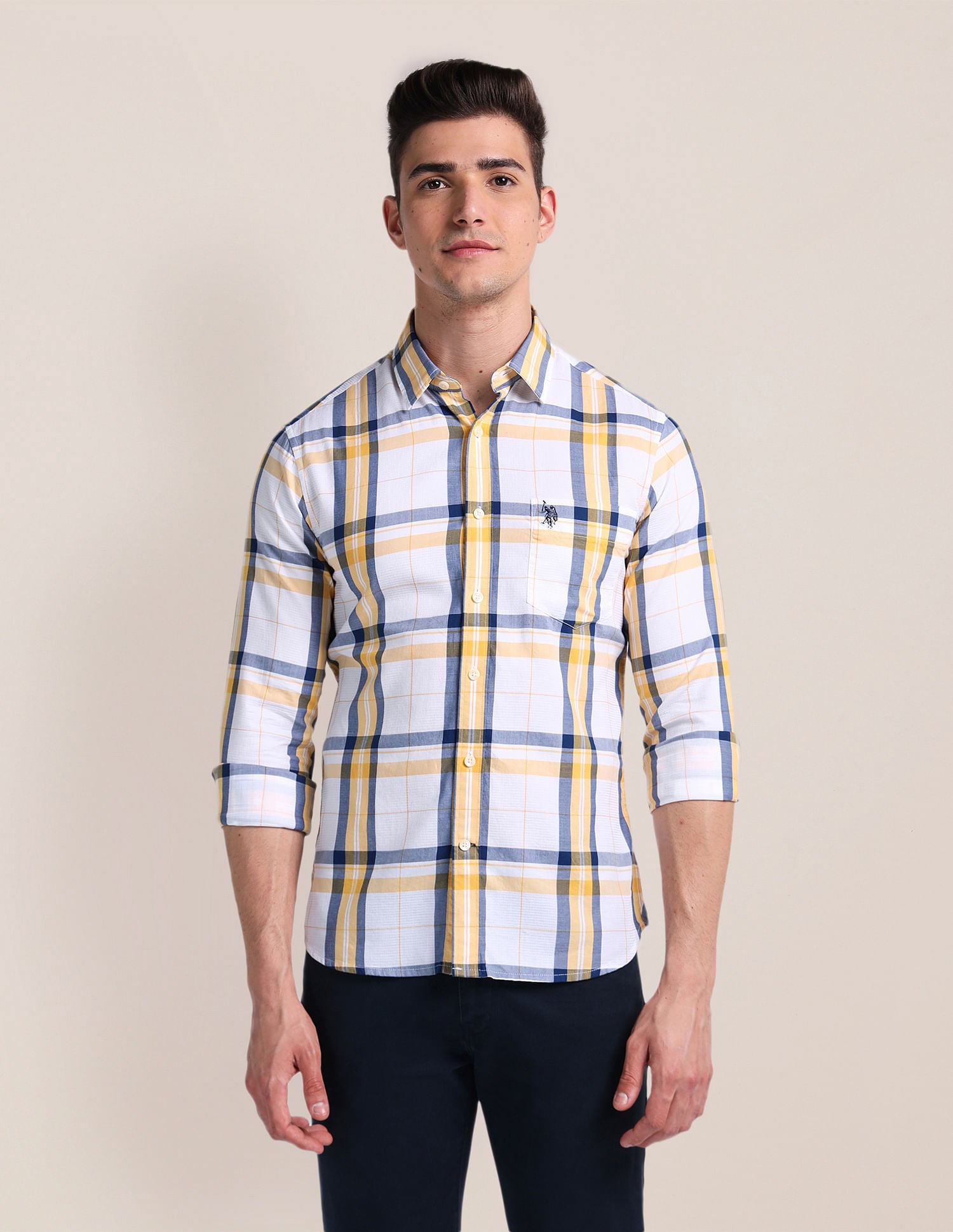 Premium Cotton Patterned Weave Shirt Yellow - U.S. Polo Assn. India | Large
