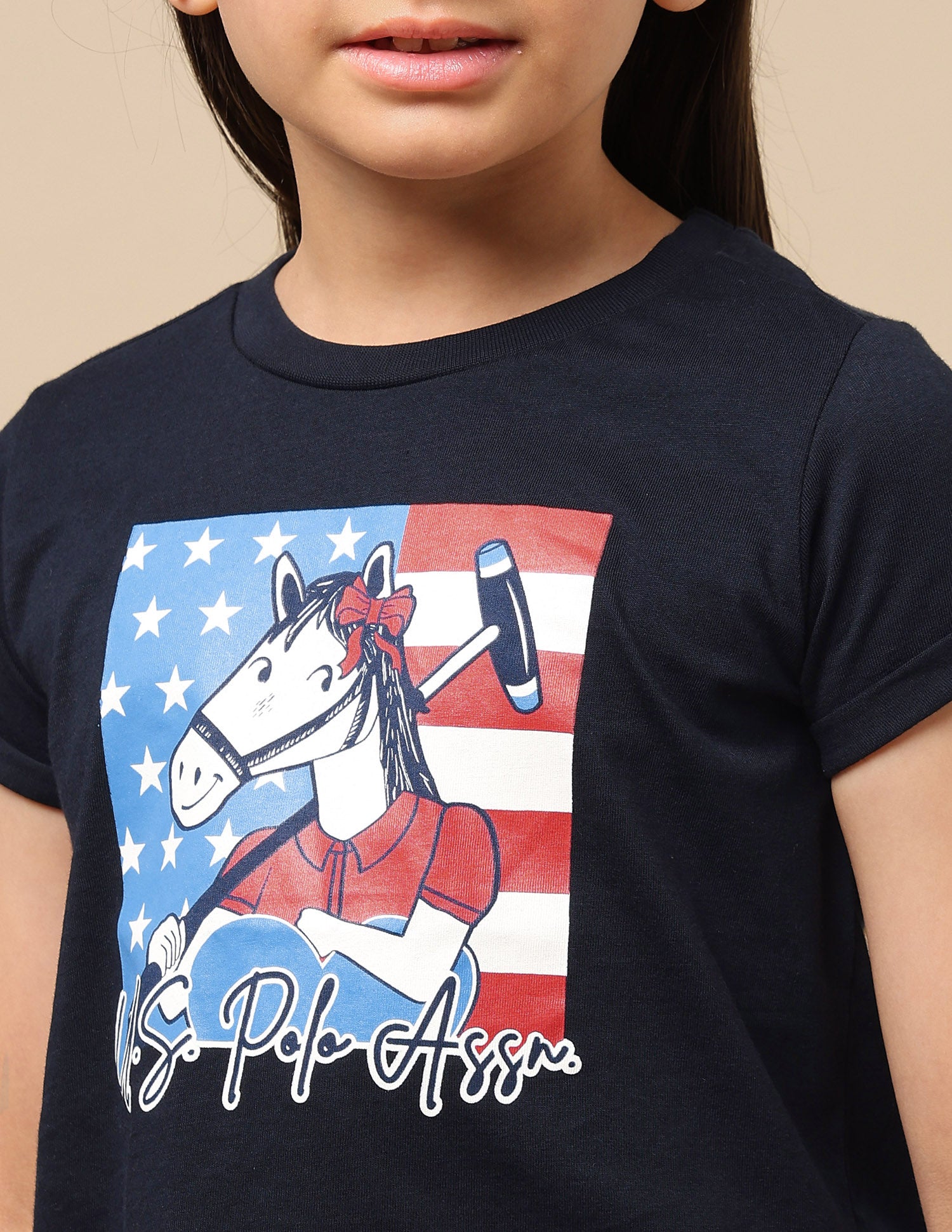 Girls Brand Print Cotton T-Shirt Navy - U.S. Polo Assn. India | Large
