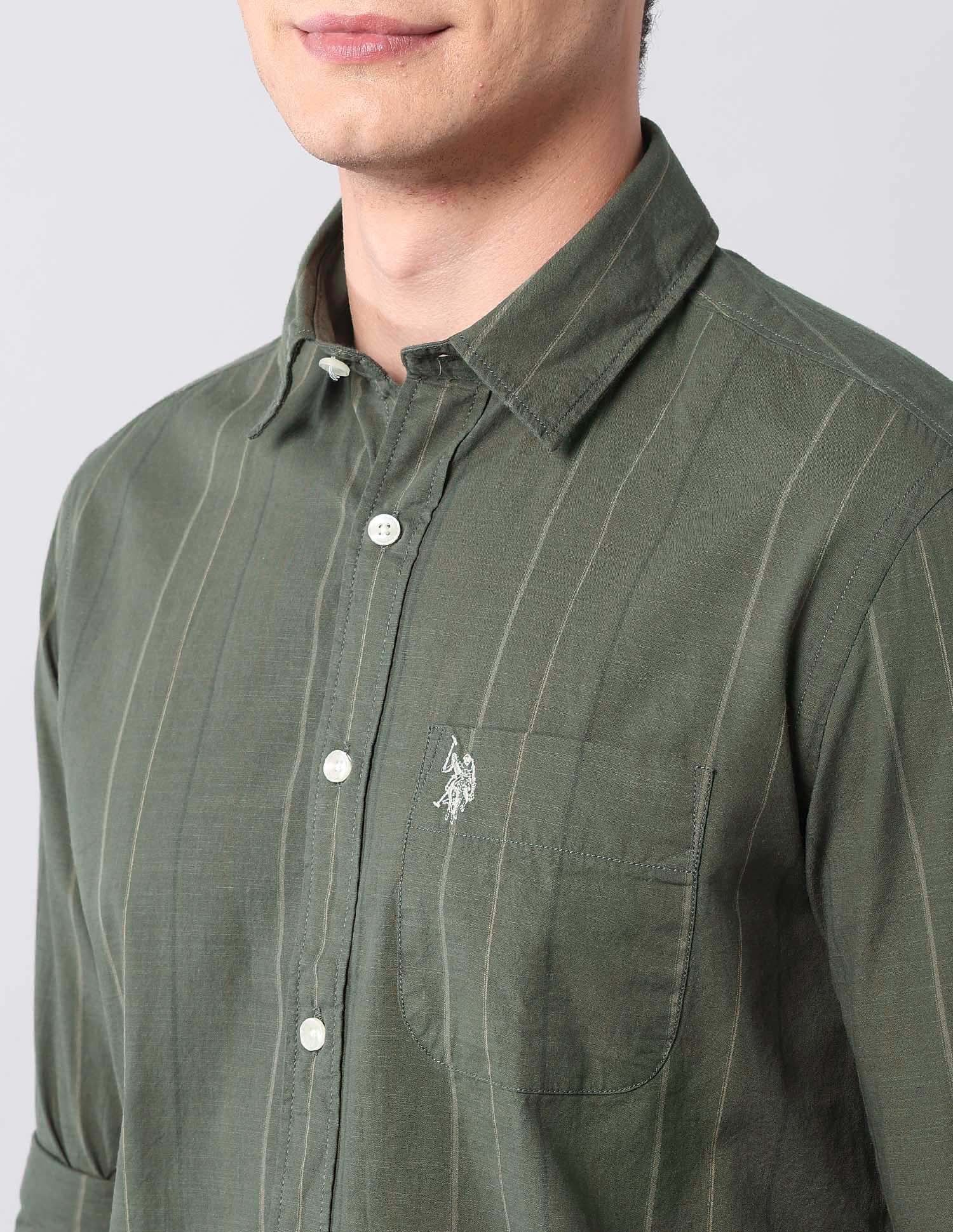 Vertical Striped Pure Cotton Shirt Olive - U.S. Polo Assn. India | Large