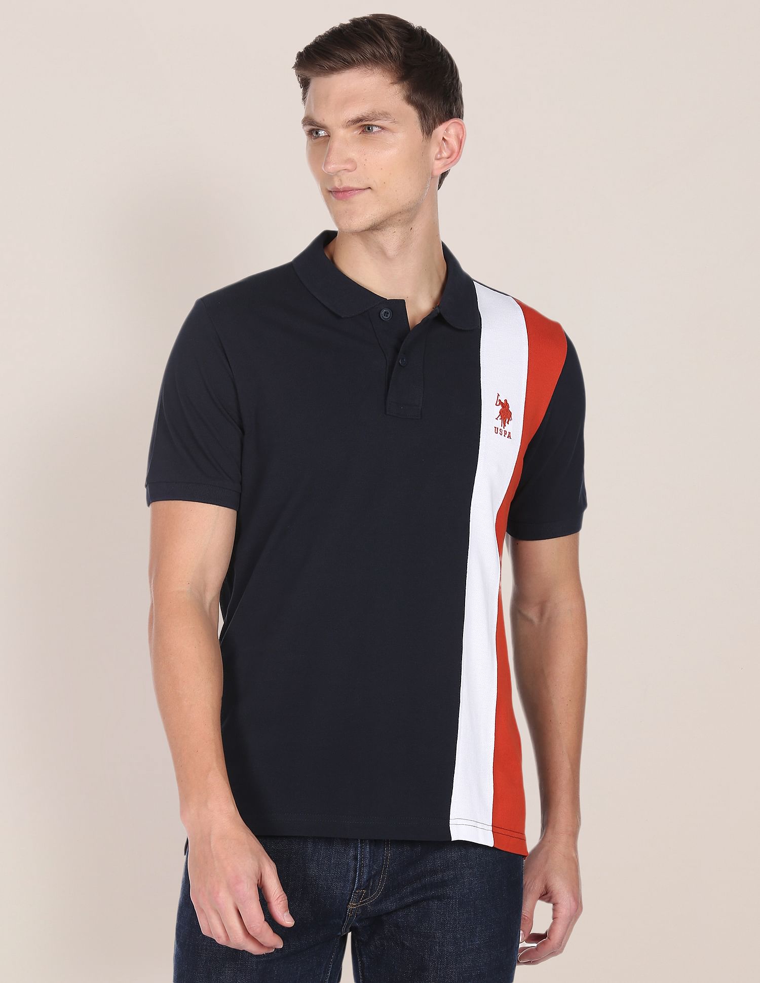 Colour Block Cotton Polo Shirt Navy - U.S. POLO ASSN. | Large