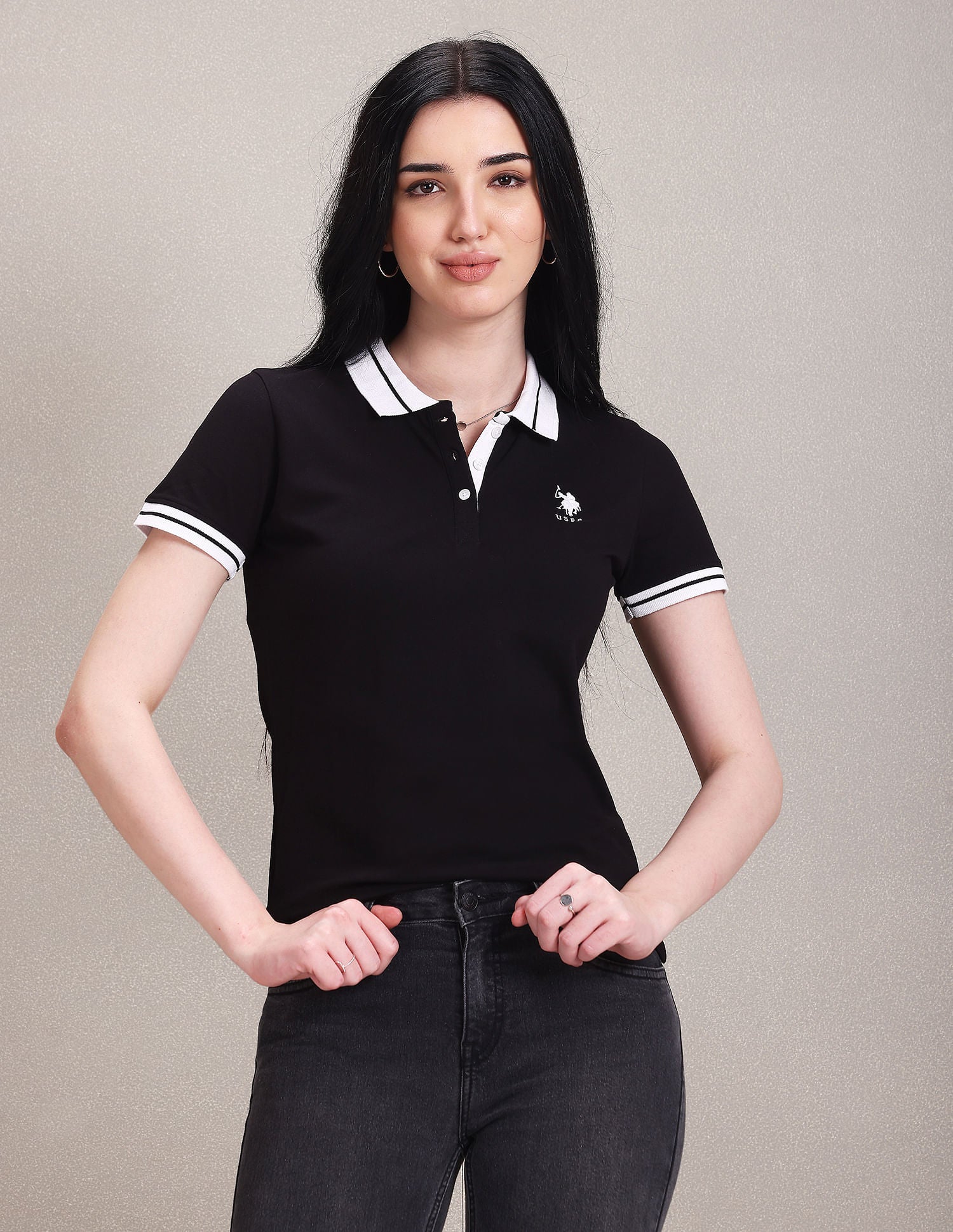 Striped Collar Pique Polo Shirt Black - U.S. POLO ASSN. | Large