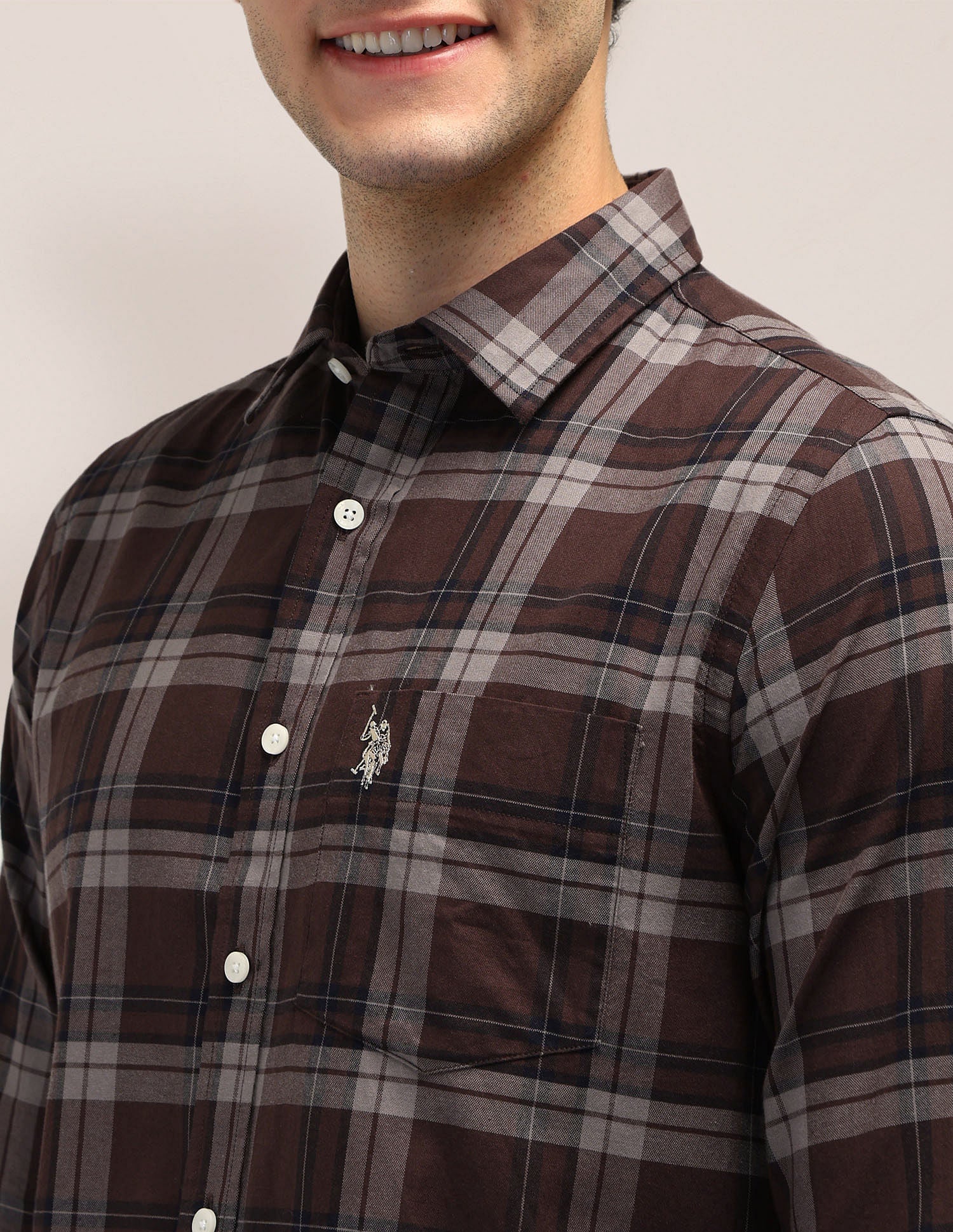 Tailored Fit Dobby Checked Shirt Brown - U.S. POLO ASSN. | Large