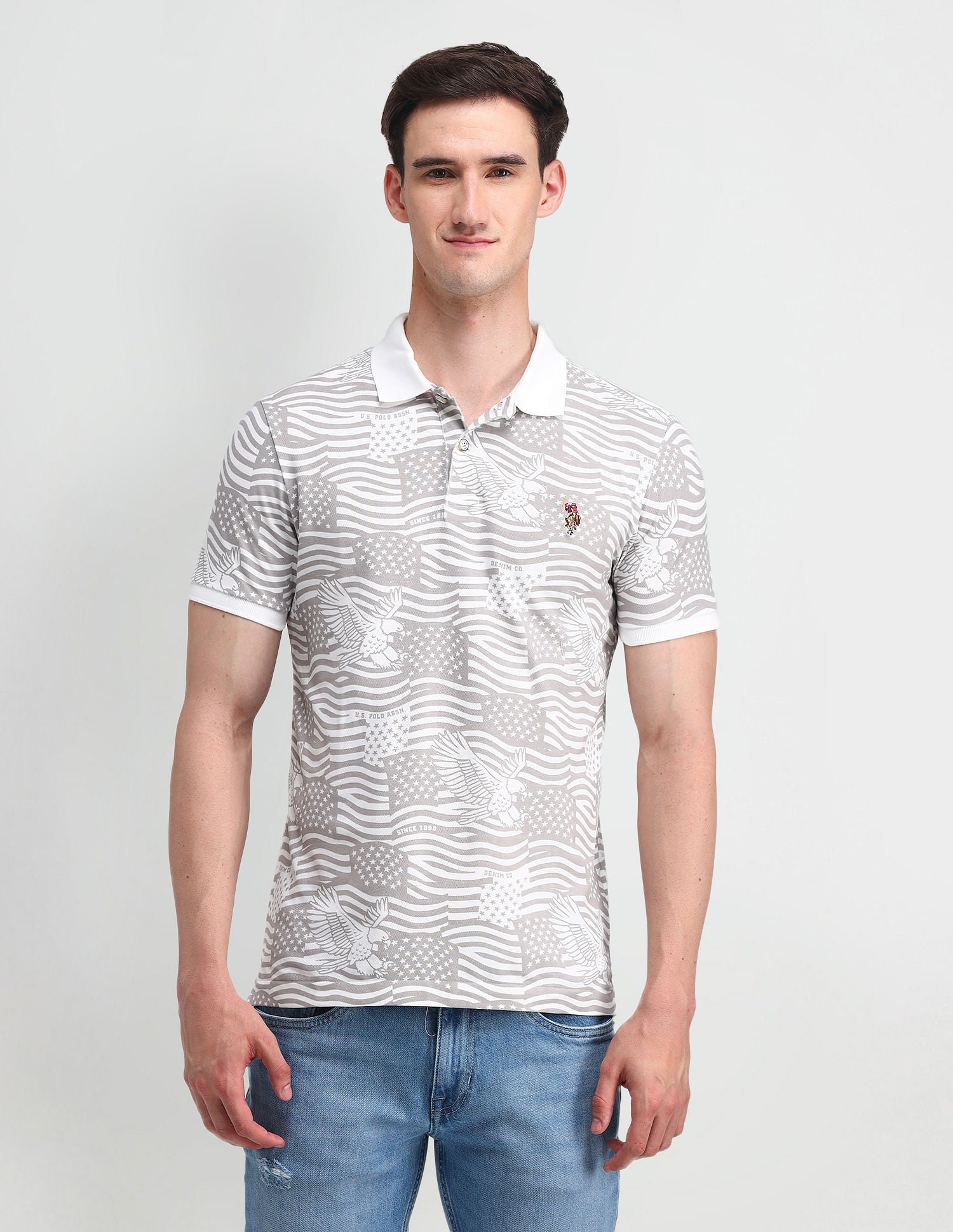 Muscle Fit Printed Polo Shirt White - U.S. Polo Assn. India | Large