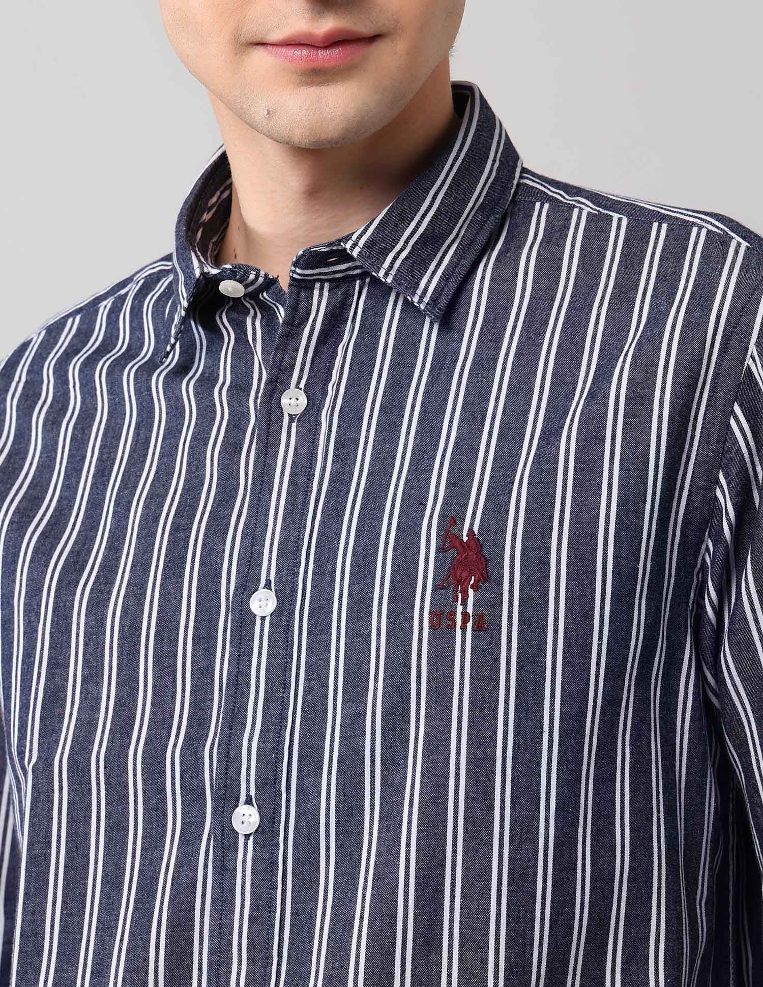 Vertical Striped Pure Cotton Shirt Indigo - U.S. Polo Assn. India | Large