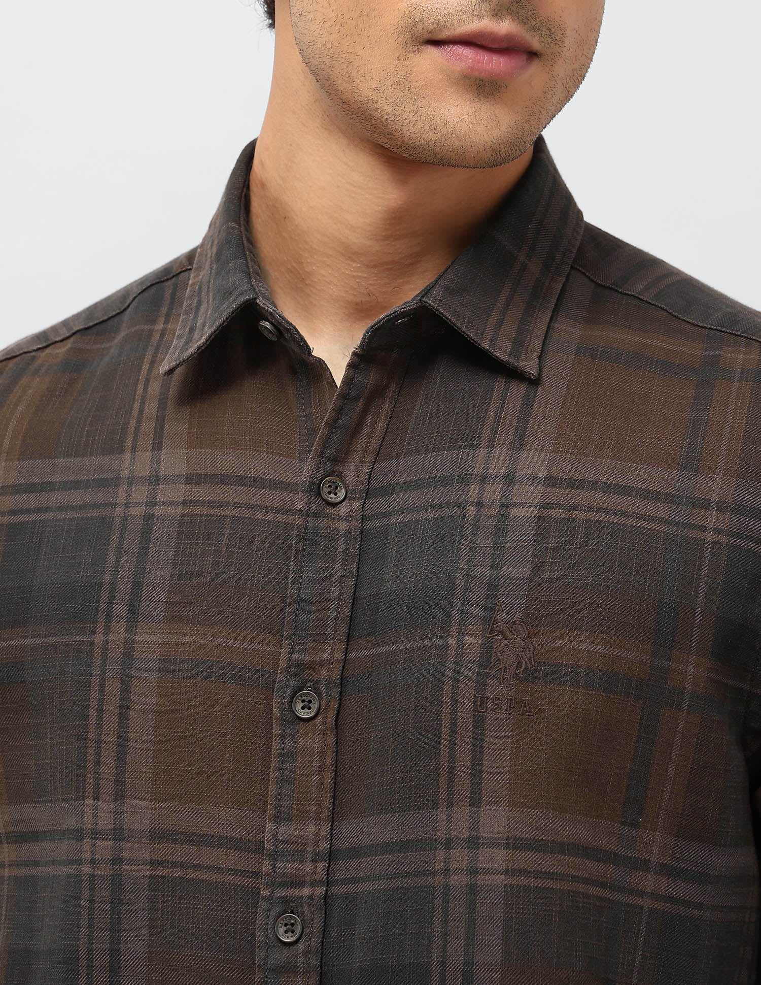 Plaid Checked Twill Shirt Brown - U.S. POLO ASSN. | Large