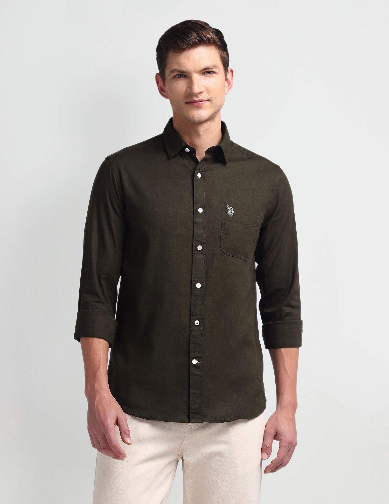 Semi Cutaway Collar Slim Fit Shirt Olive - U.S. Polo Assn. India | Large