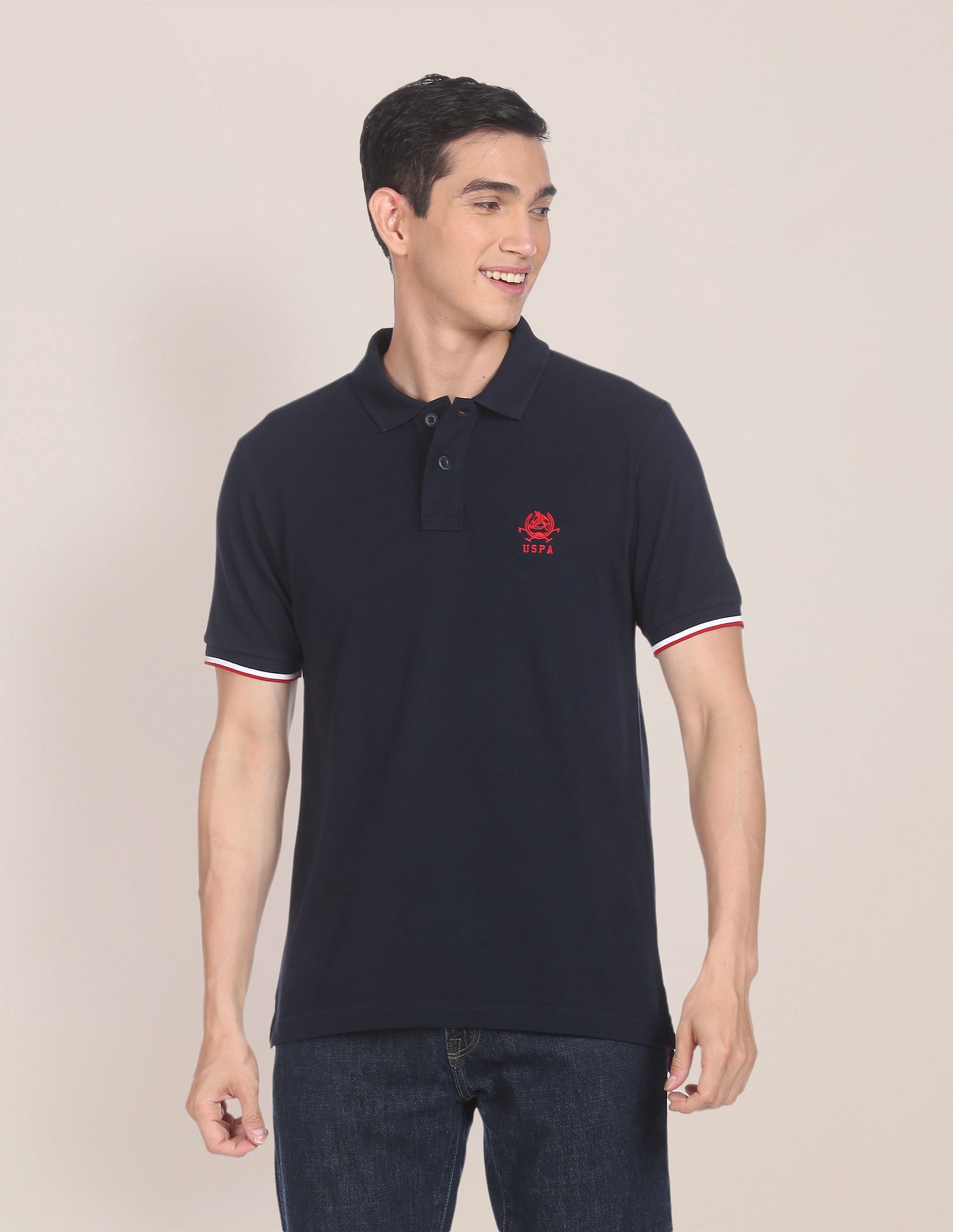 Ribbed Collar Solid Polo Shirt Navy - U.S. Polo Assn. India | Large