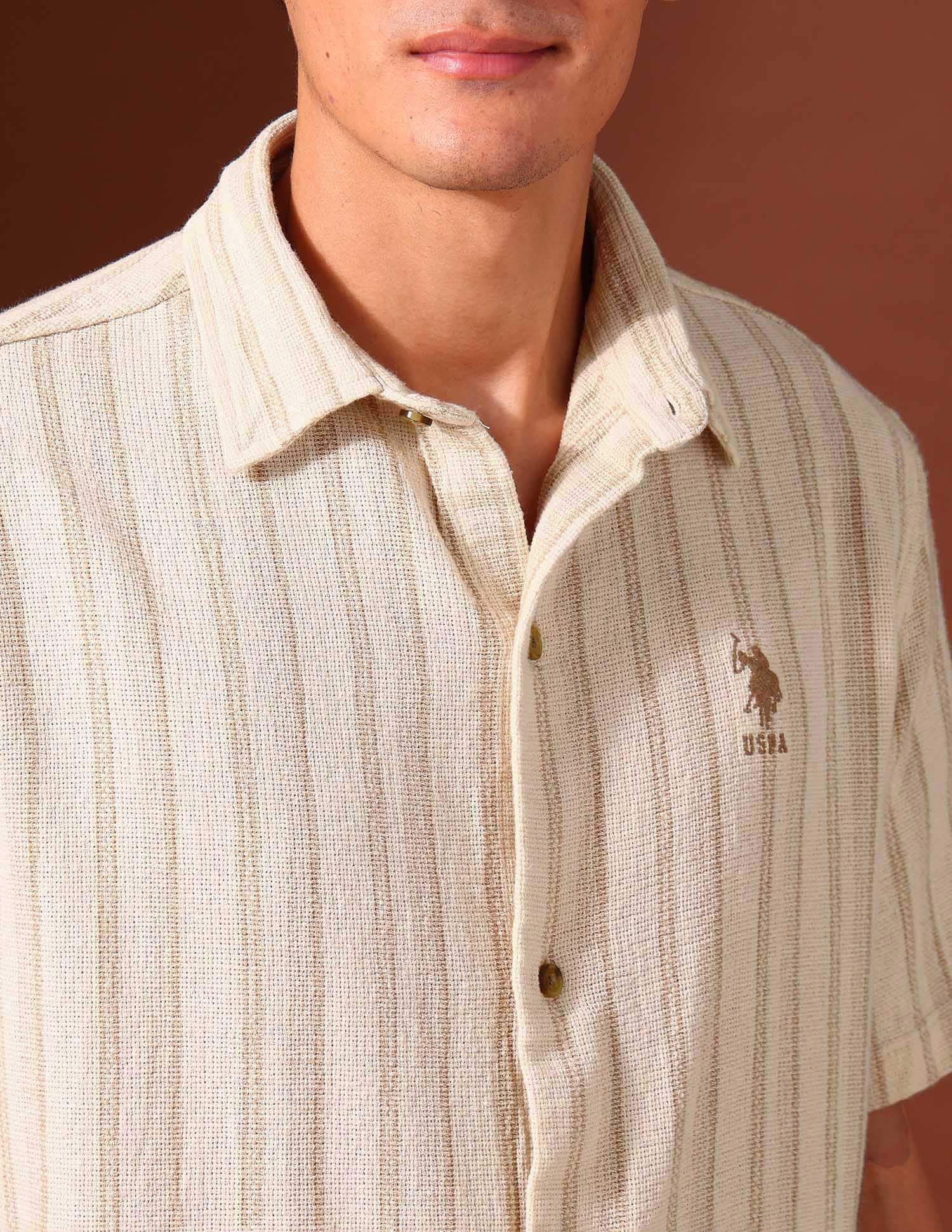 Vertical Striped Pure Cotton Shirt Beige - U.S. Polo Assn. India | Large