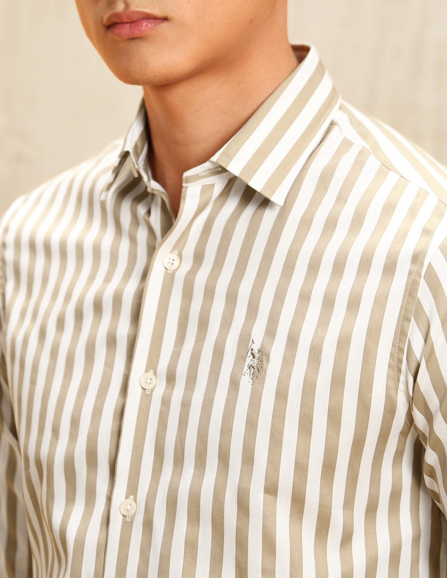 Satin Vertical Striped Shirt Beige - U.S. POLO ASSN. | Large