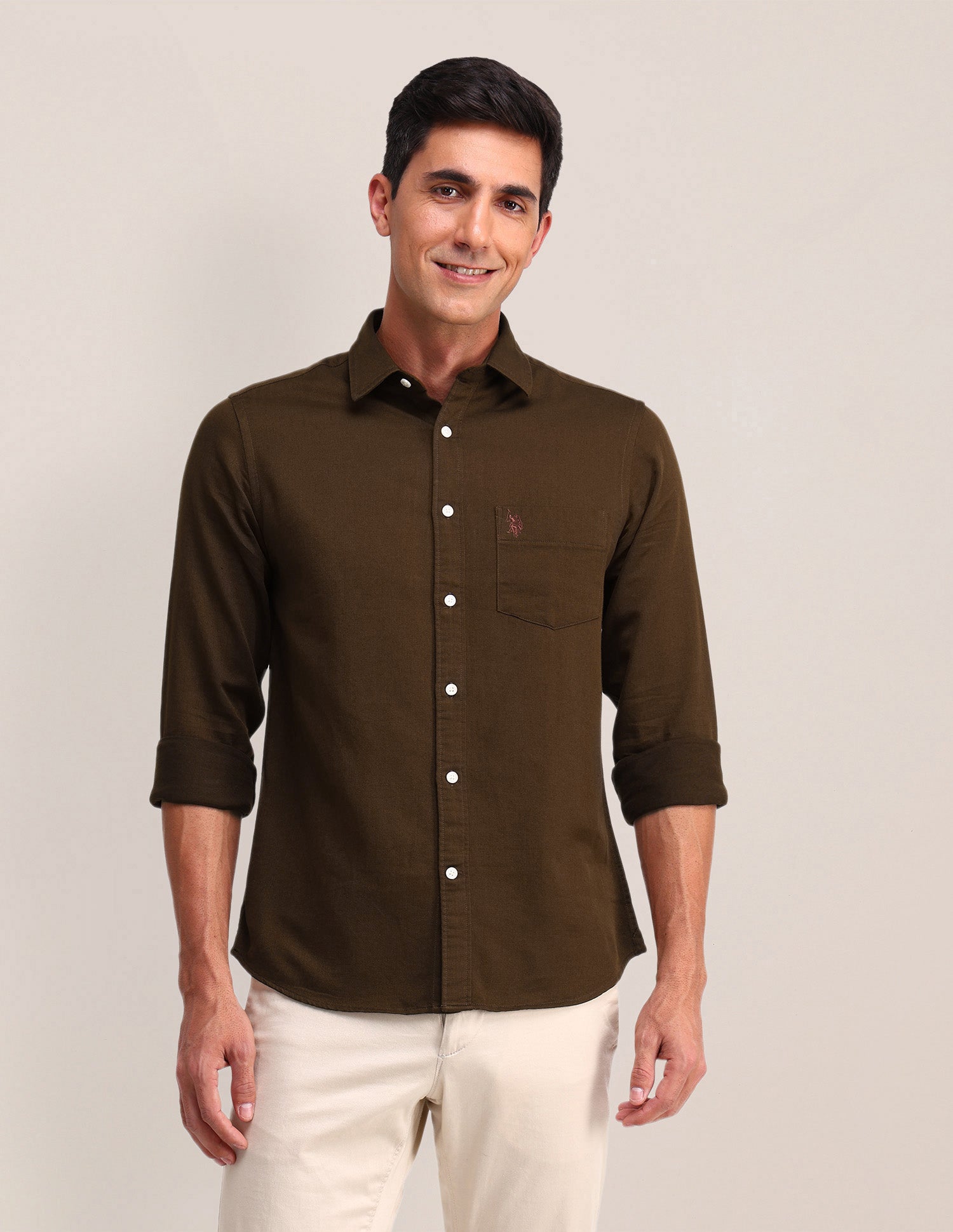 Solid Pattern Dobby Shirt Brown - U.S. Polo Assn. India | Large