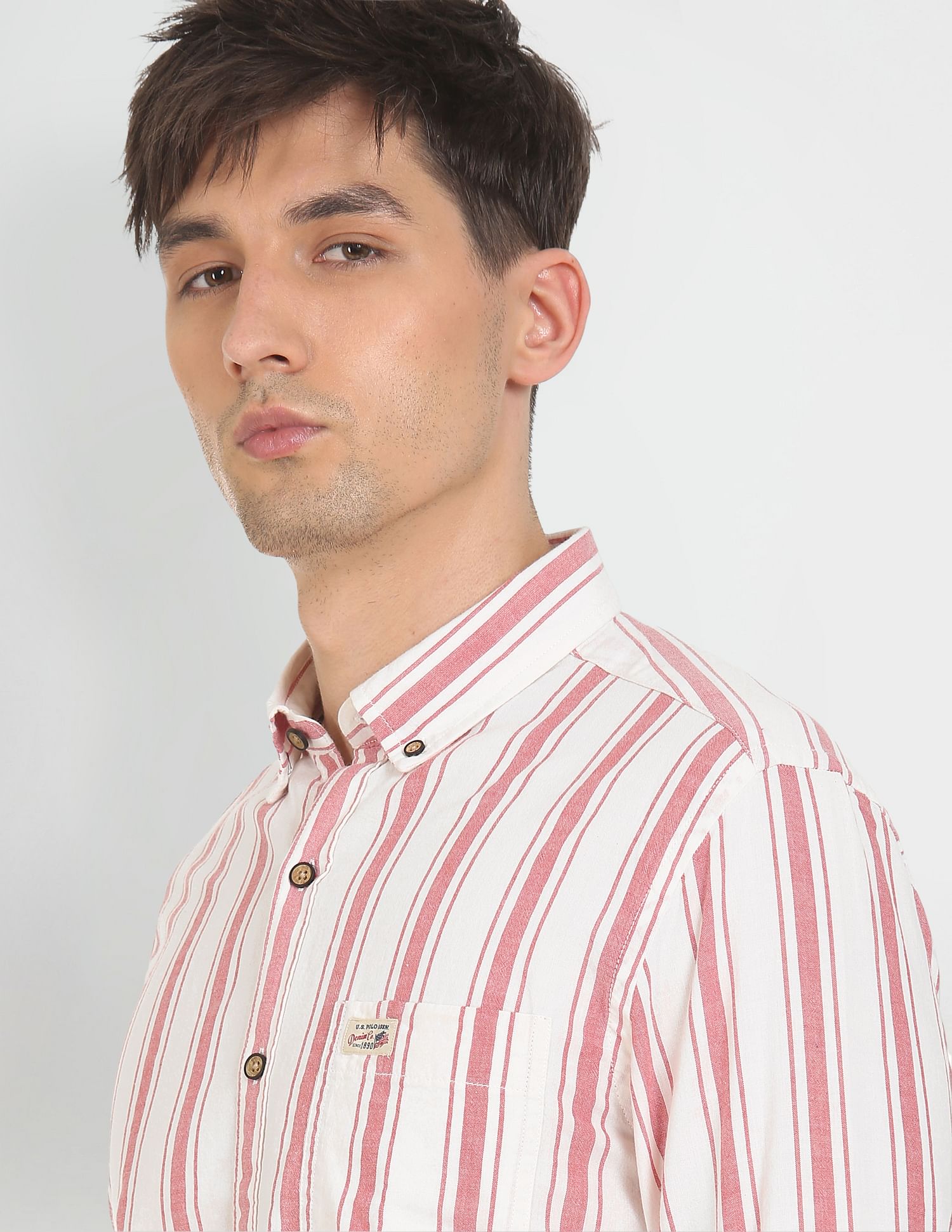 Button Down Collar Striped Cotton Casual Shirt Red and White - U.S. POLO ASSN. | Large
