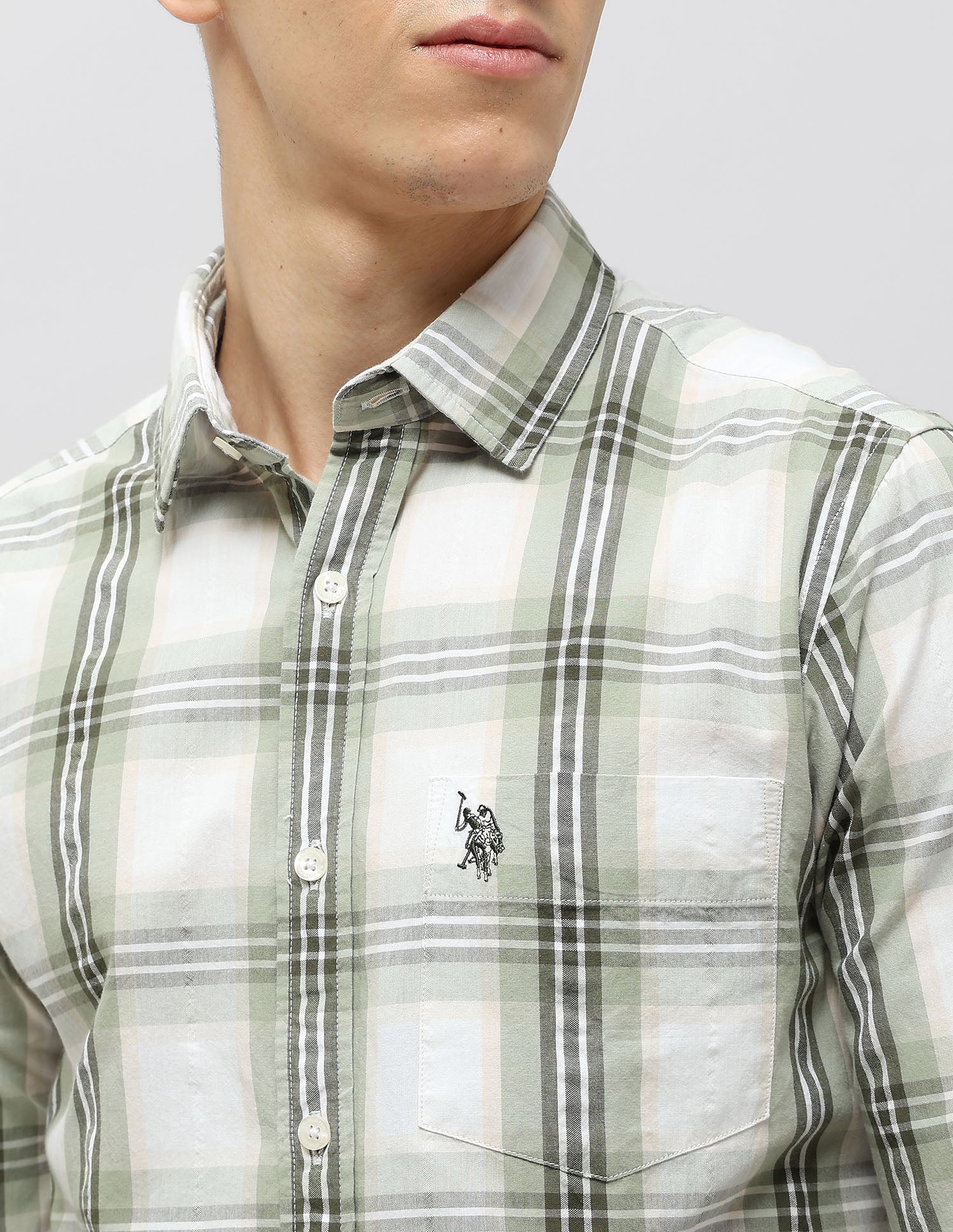 Tartan Checked Seersucker Shirt Light Olive - U.S. Polo Assn. India | Large