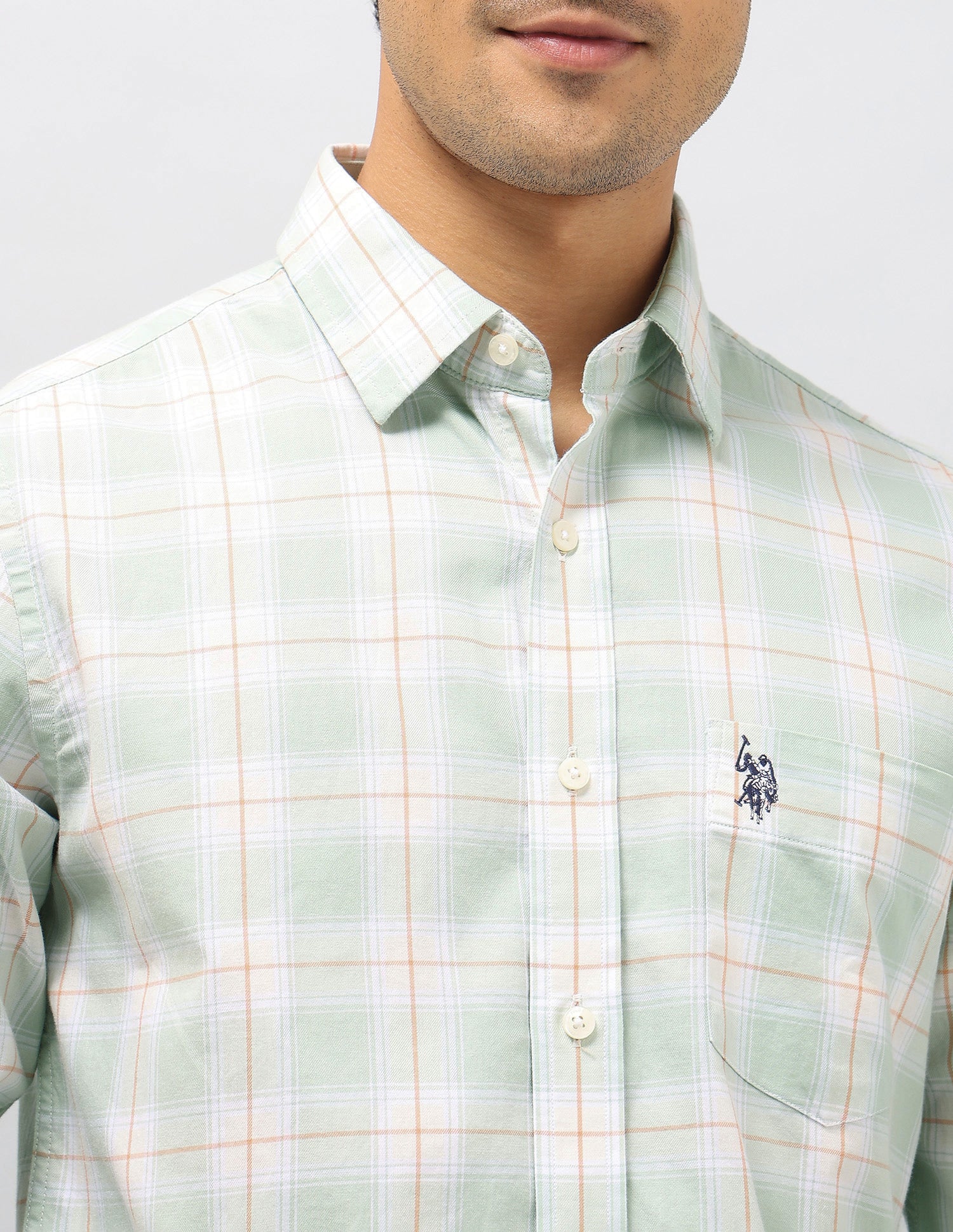 Plaid Checked Pure Cotton Shirt Light Green - U.S. Polo Assn. India | Large