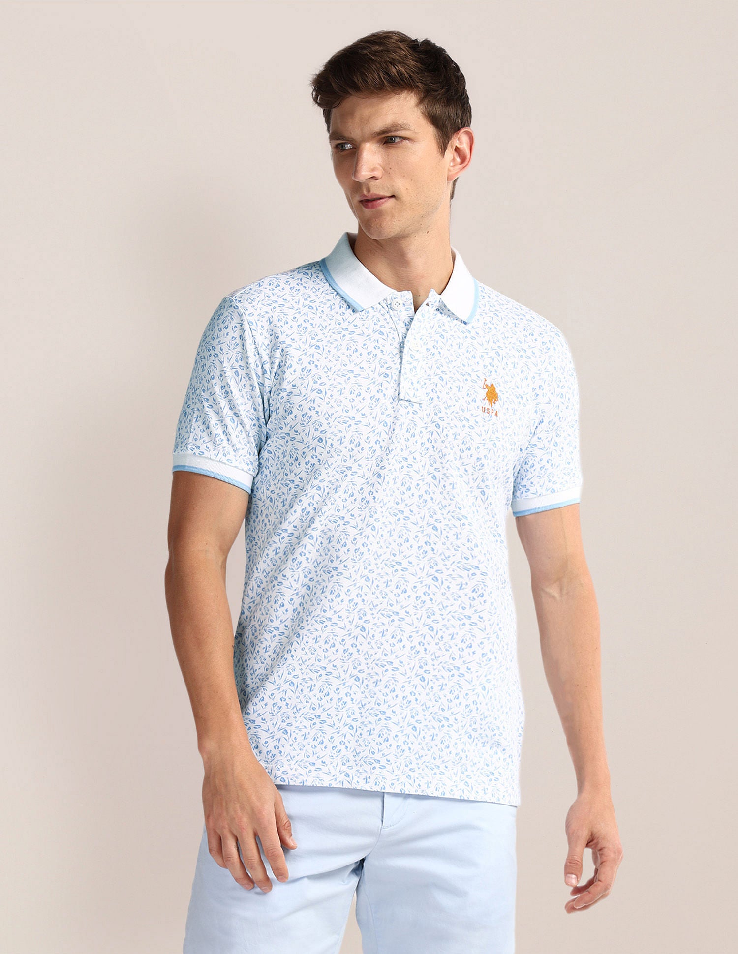 Floral Print Slim Fit Polo Shirt White - U.S. POLO ASSN. | Large