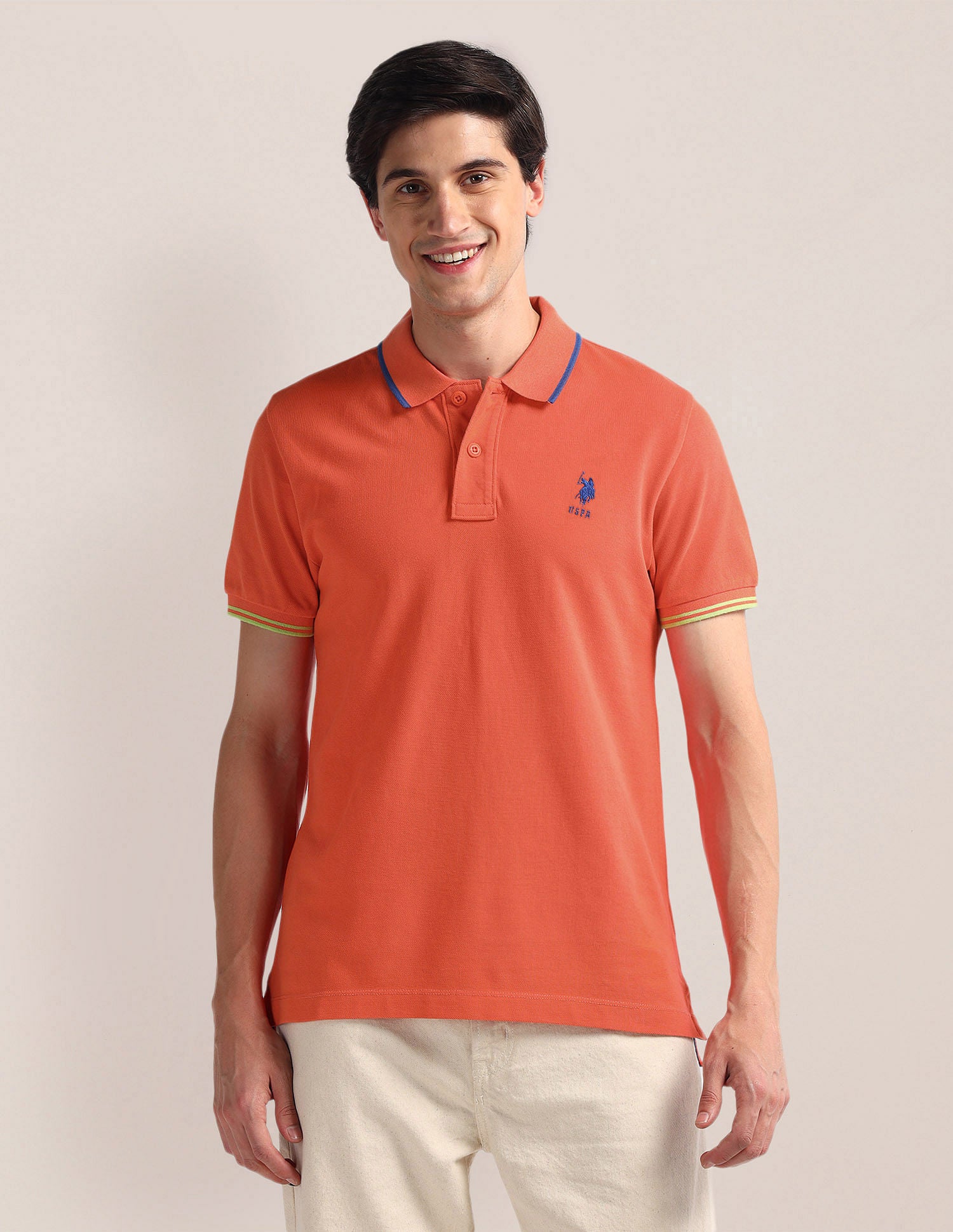 Slim Fit Solid Polo Shirt Orange - U.S. Polo Assn. India | Large