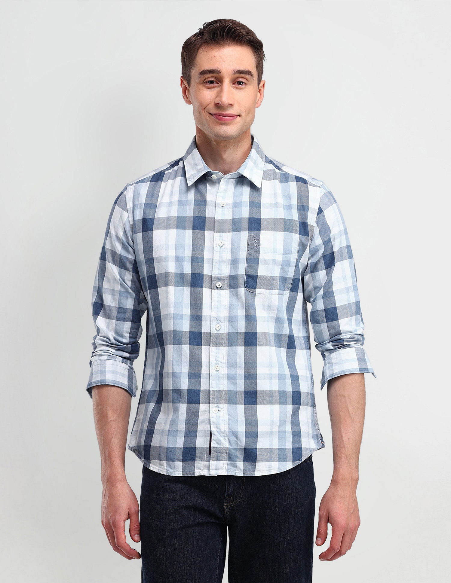 Slim Fit Checked Shirt Light-Blue - U.S. Polo Assn. India | Large