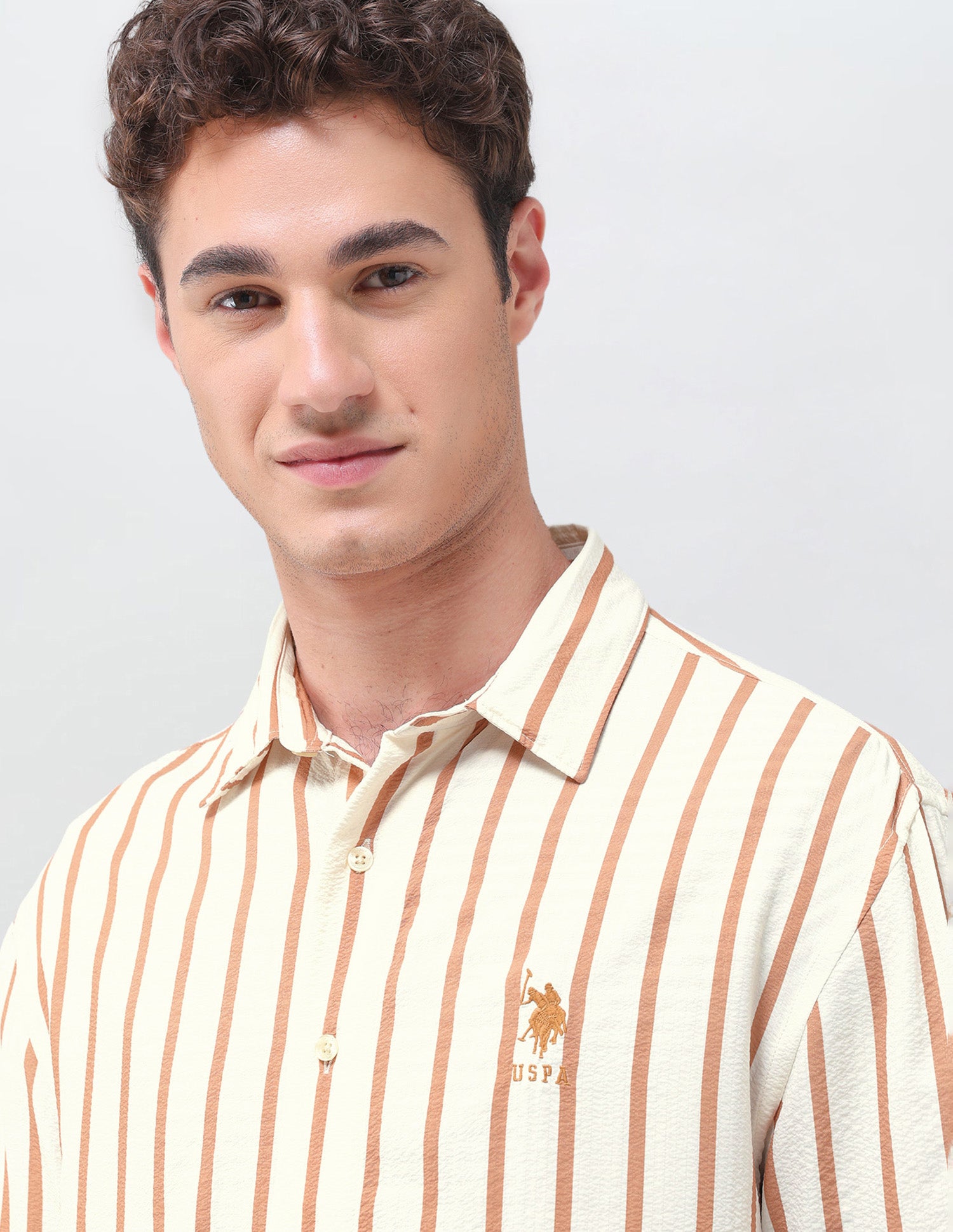 Vertical Striped Seersucker Weave Shirt Light Brown - U.S. Polo Assn. India | Large