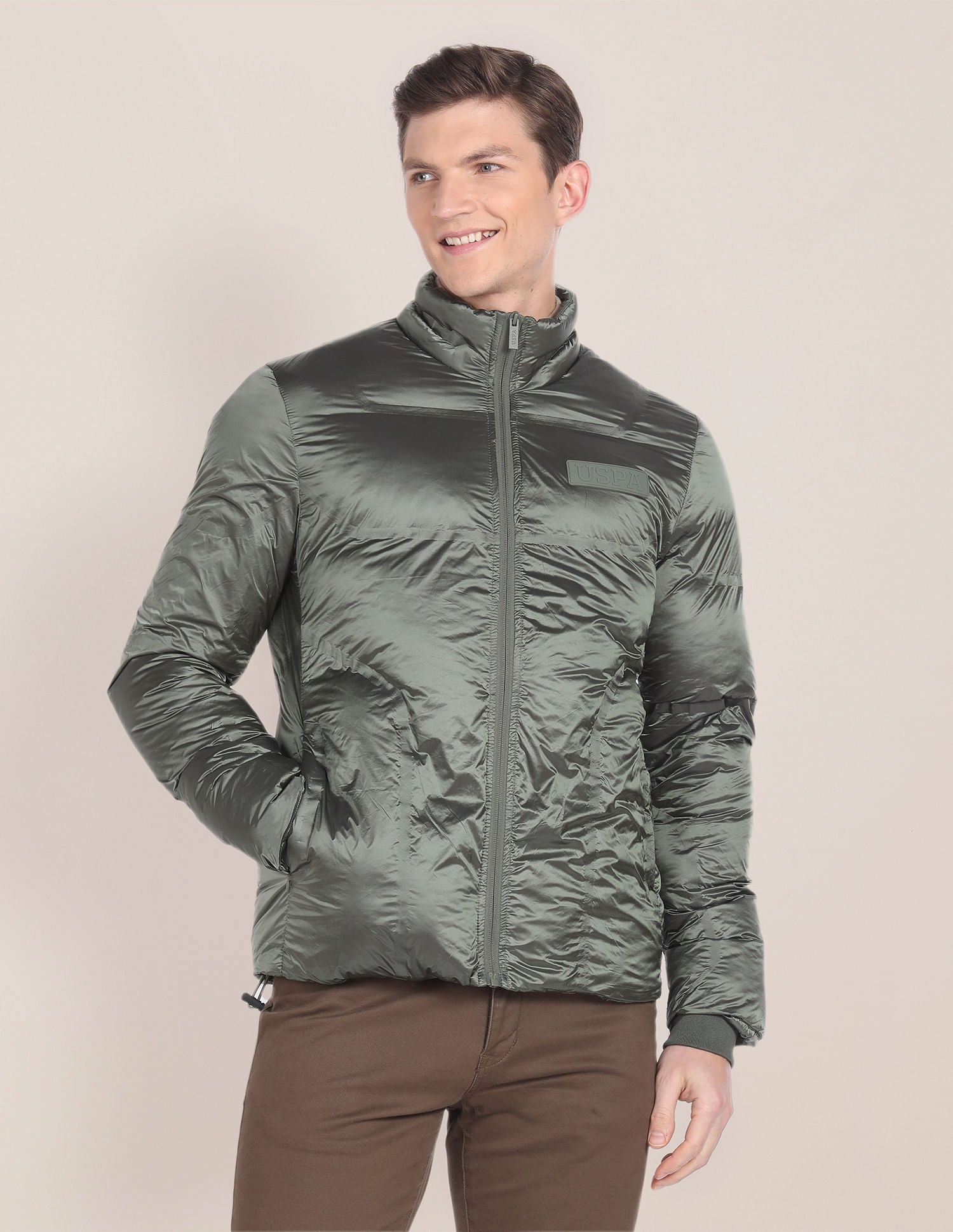 High Neck Solid Puffer Jacket Olive - U.S. Polo Assn. India | Large