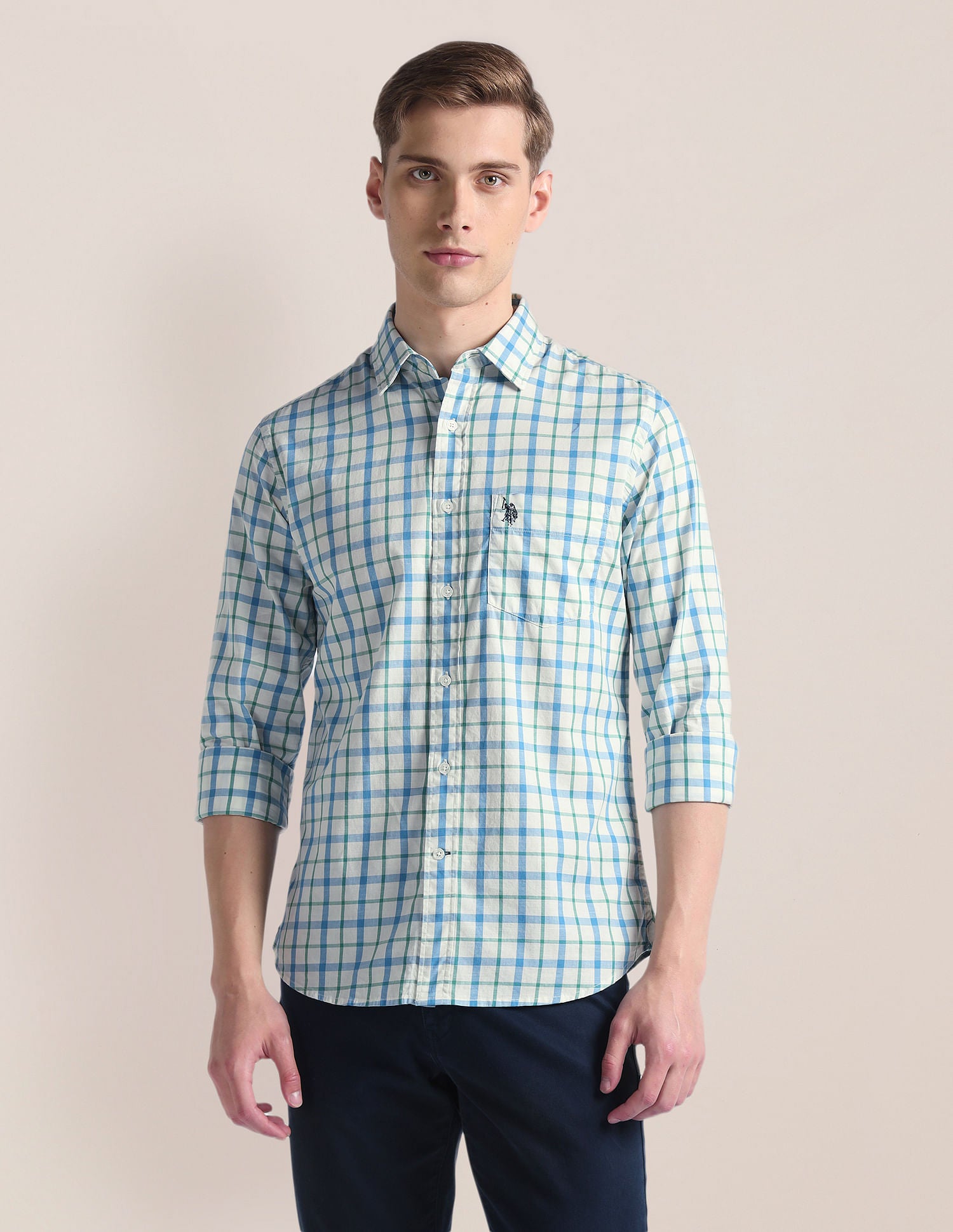 Tartan Check Tailored Fit Shirt White and Green - U.S. Polo Assn. India | Large