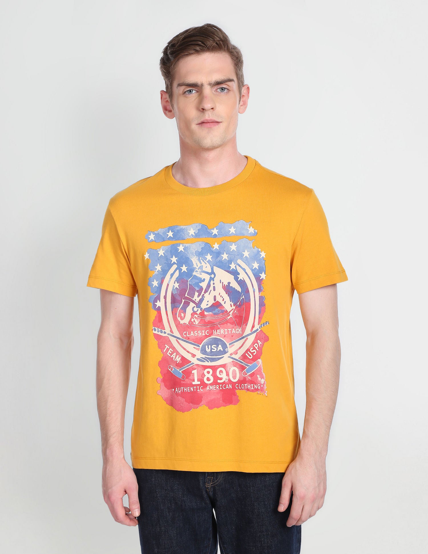 Crew Neck Graphic Print T-Shirt Mustard - U.S. Polo Assn. India | Large