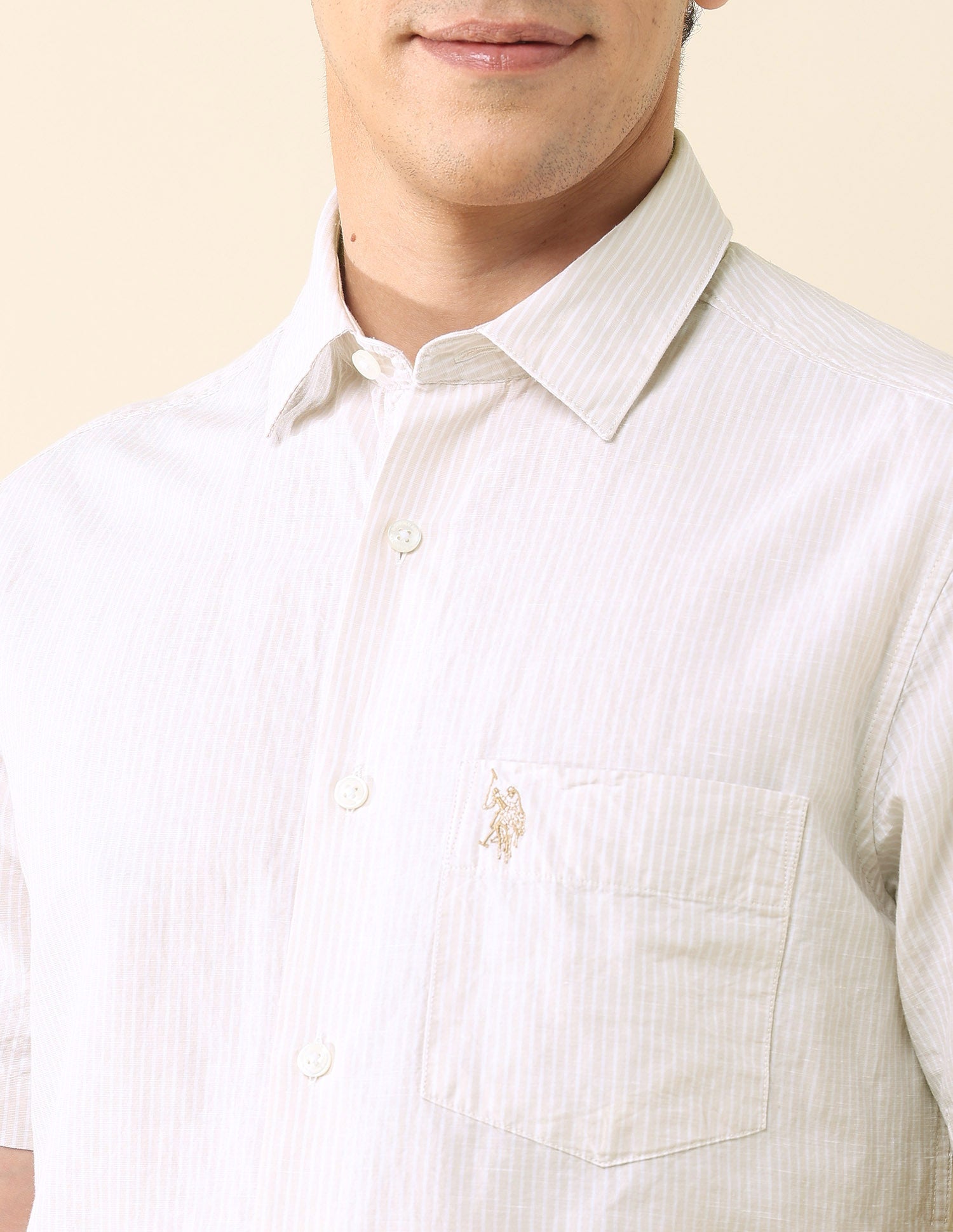 Vertical Striped Tailored Fit Shirt Beige - U.S. Polo Assn. India | Large