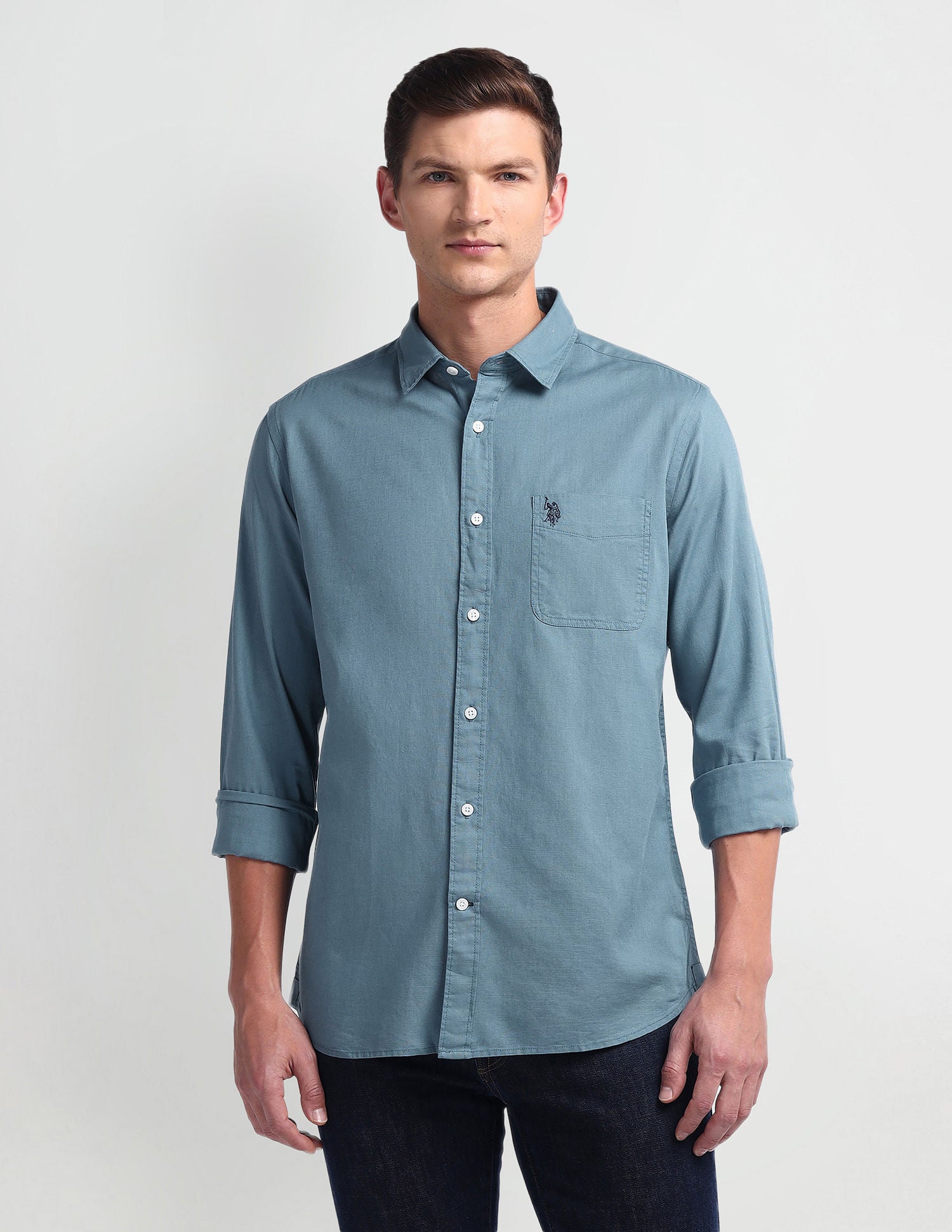 Semi Cutaway Collar Slim Fit Shirt Teal - U.S. Polo Assn. India | Large
