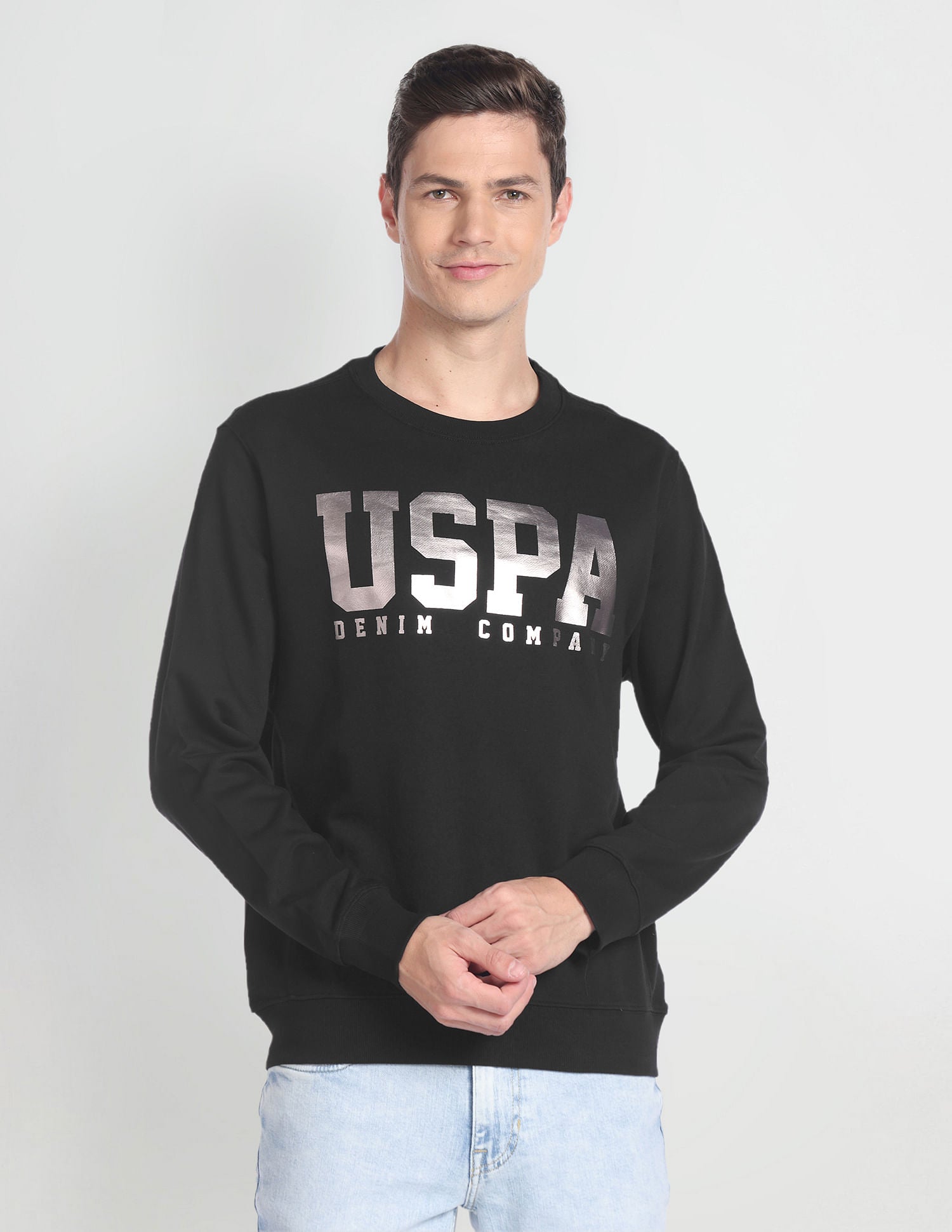 Brand Print Cotton Sweatshirt Black - U.S. POLO ASSN. | Large
