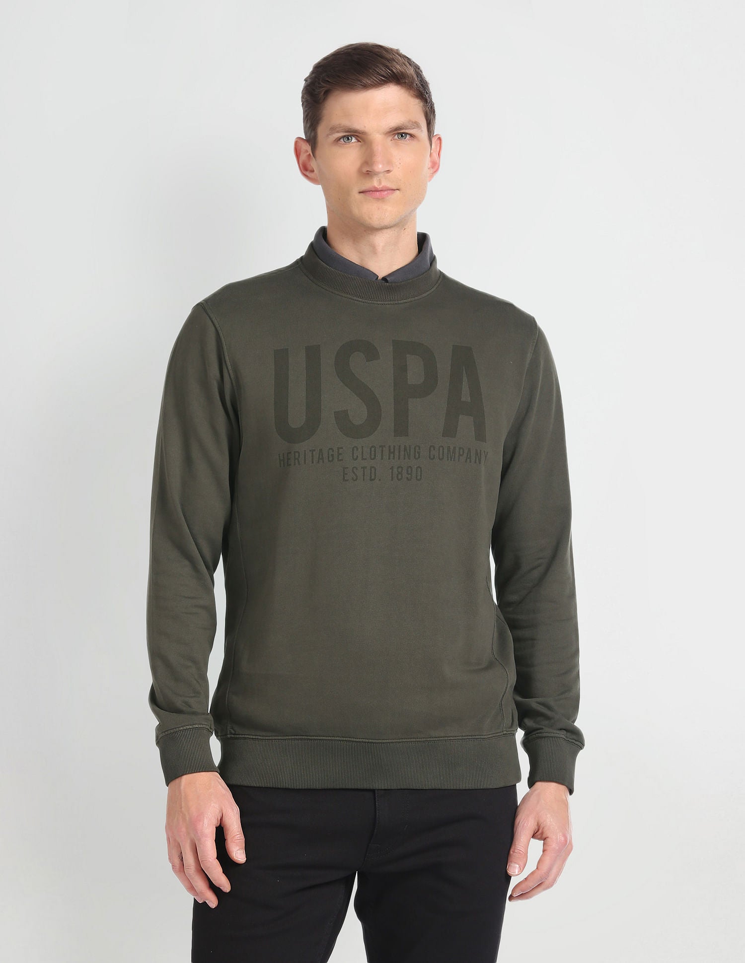 Crew Neck Brand Print Sweatshirt Olive - U.S. POLO ASSN. | Large