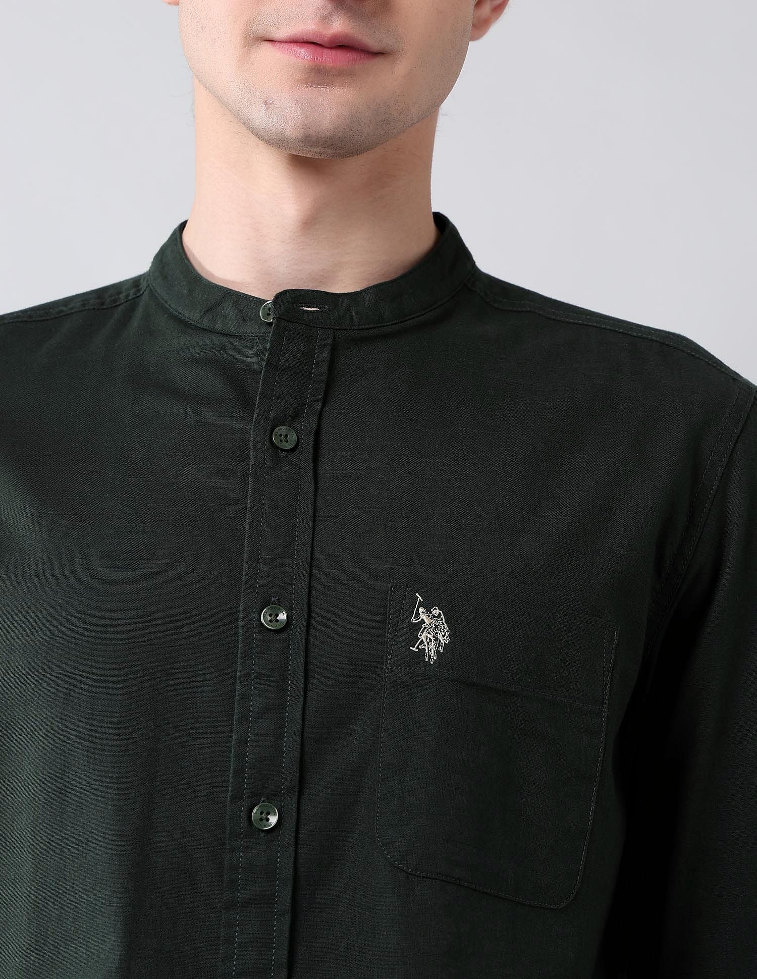 Solid Slub Mandarin Collar Shirt Dark Olive - U.S. Polo Assn. India | Large