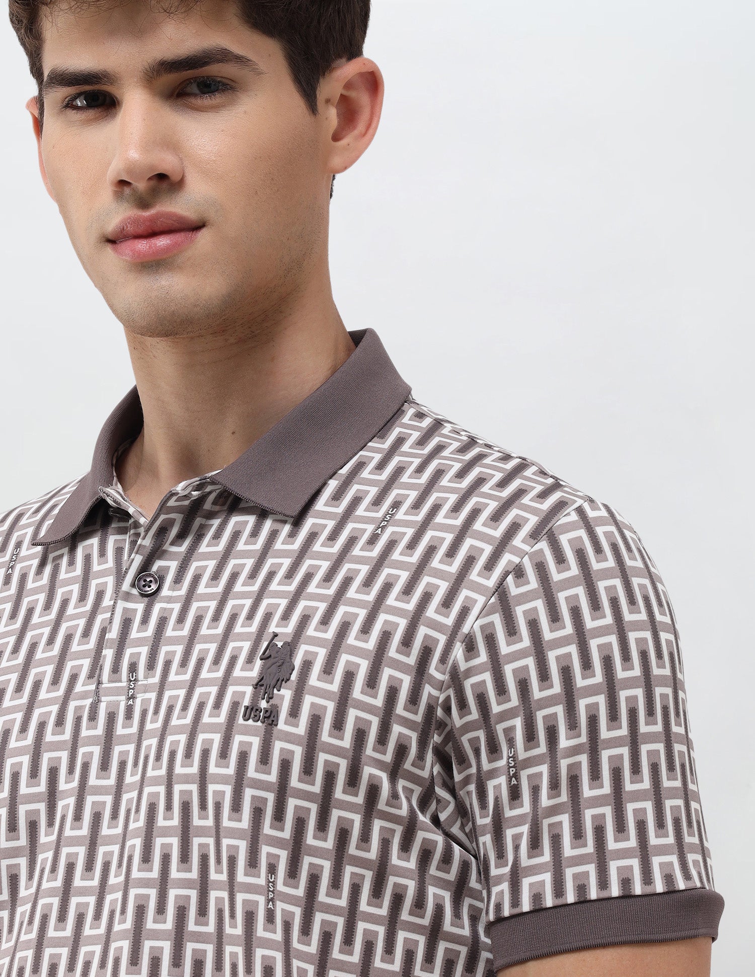 Geometric Printed Muscle Fit Polo Shirt Light Khaki - U.S. Polo Assn. India | Large