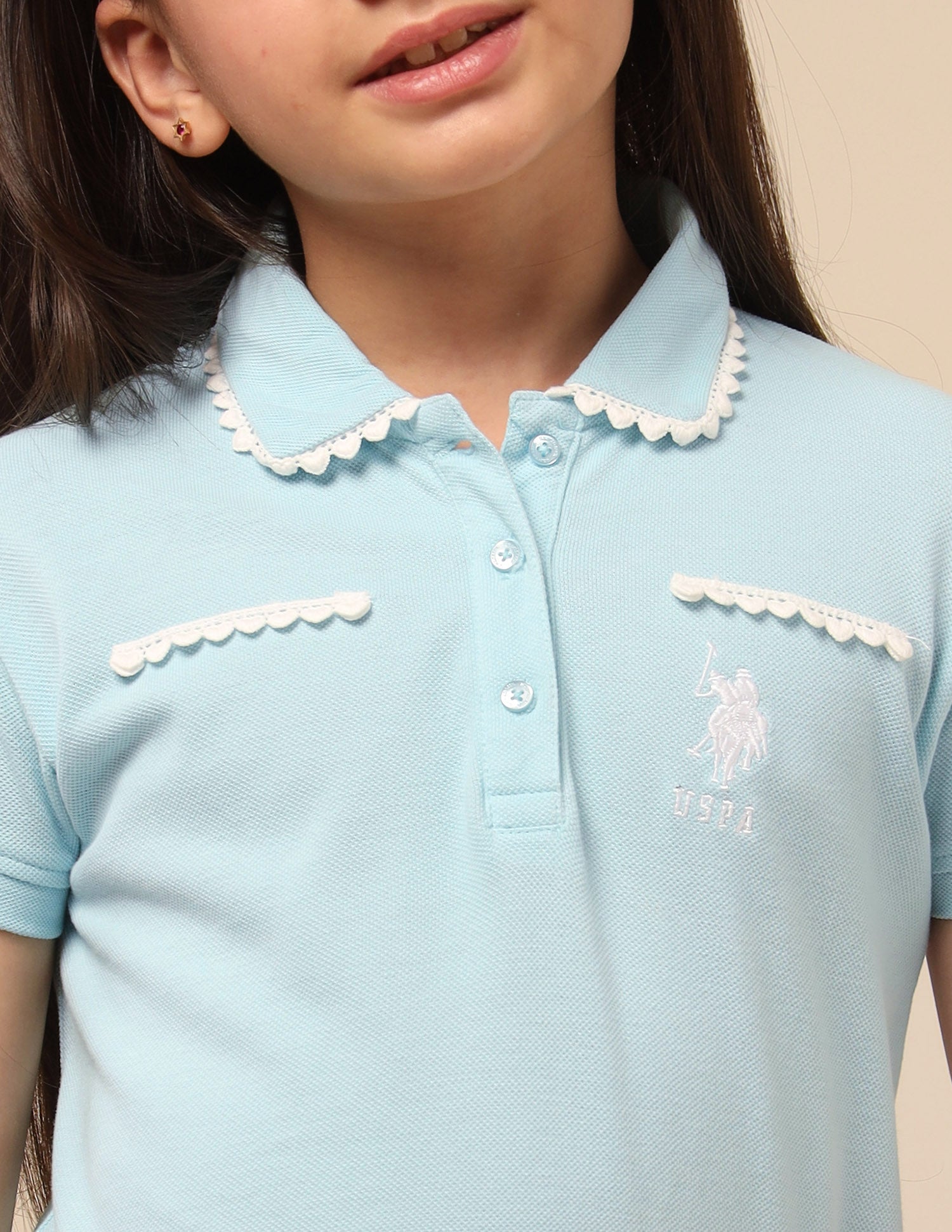 Girls Solid Lace Trim Top Light Blue - U.S. POLO ASSN. | Large