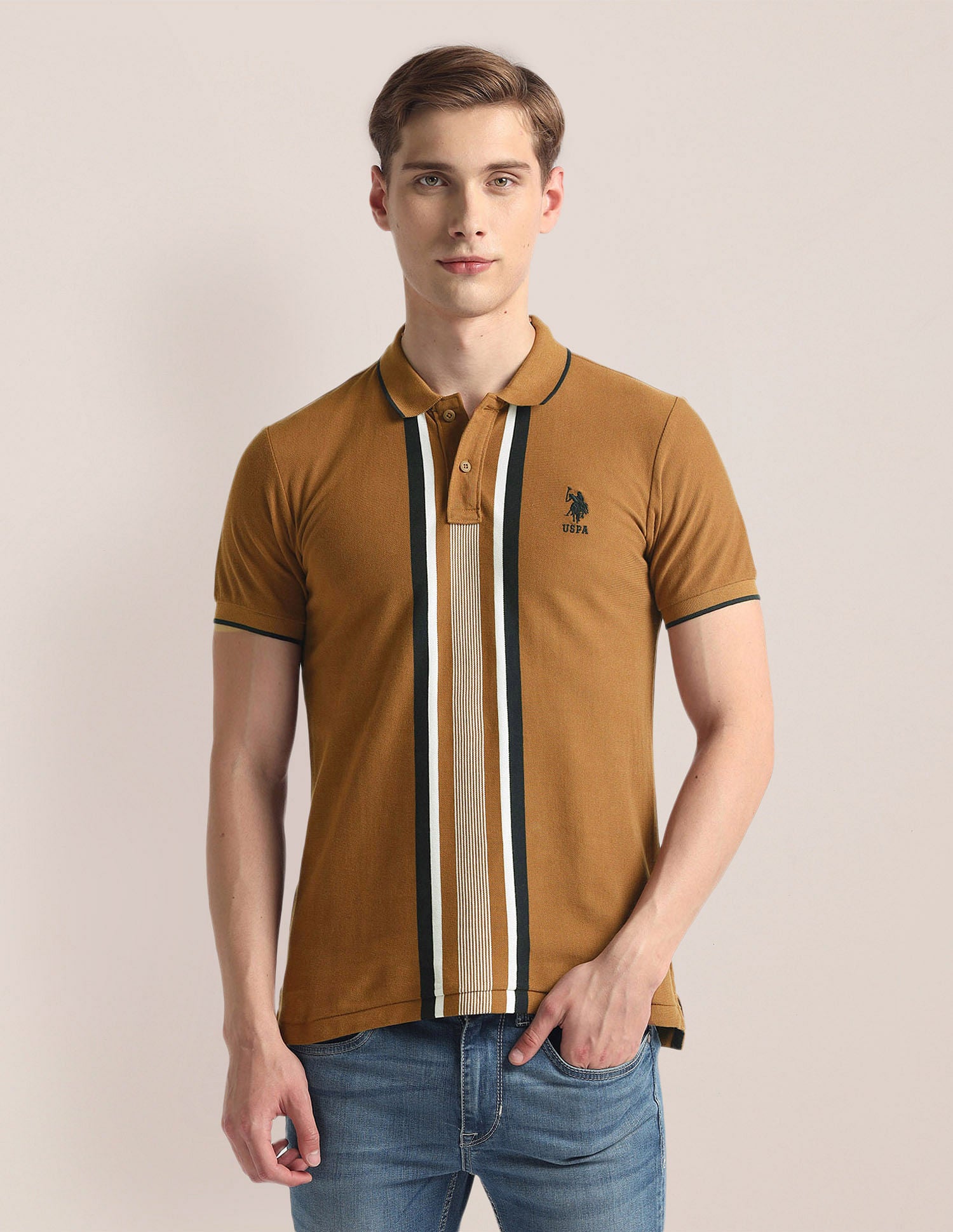 Vertical Stripe Pique Polo Shirt Brown - U.S. Polo Assn. India | Large
