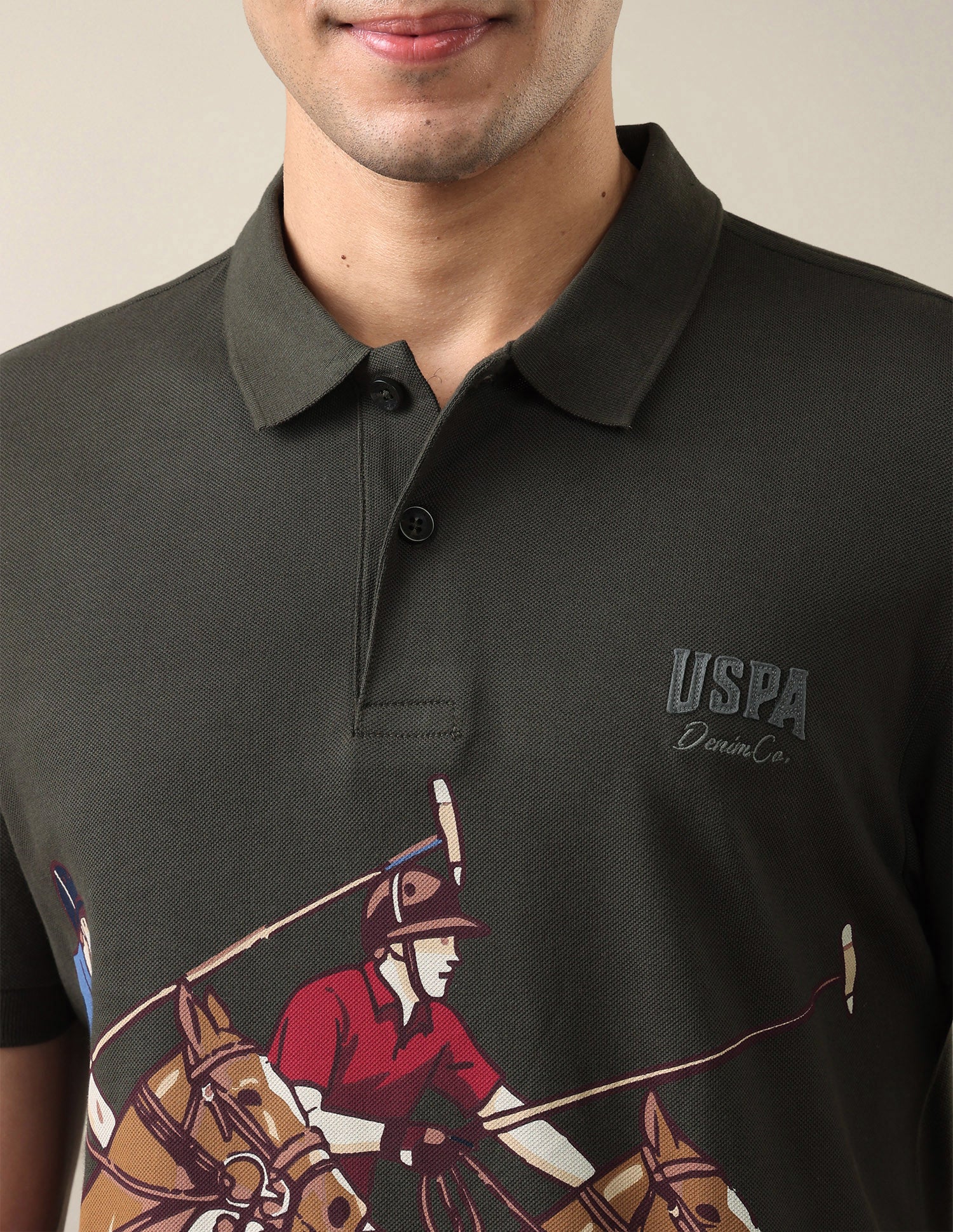 Graphic Brand Printed Slim Fit Polo Shirt Olive - U.S. Polo Assn. India | Large
