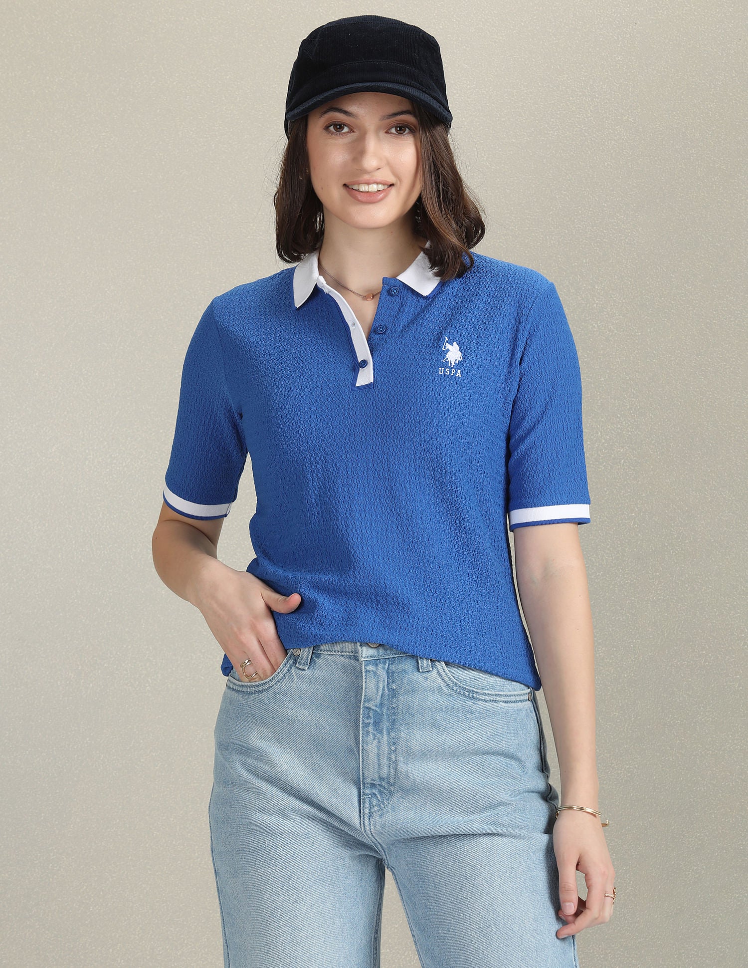 Ribbed Collar Textured Polo Shirt Blue - U.S. POLO ASSN. | Large