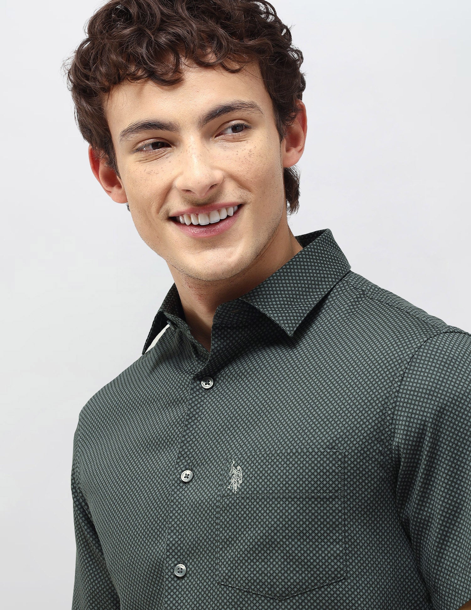 Regular Fit Self Design Geometric Shirt Olive - U.S. Polo Assn. India | Large