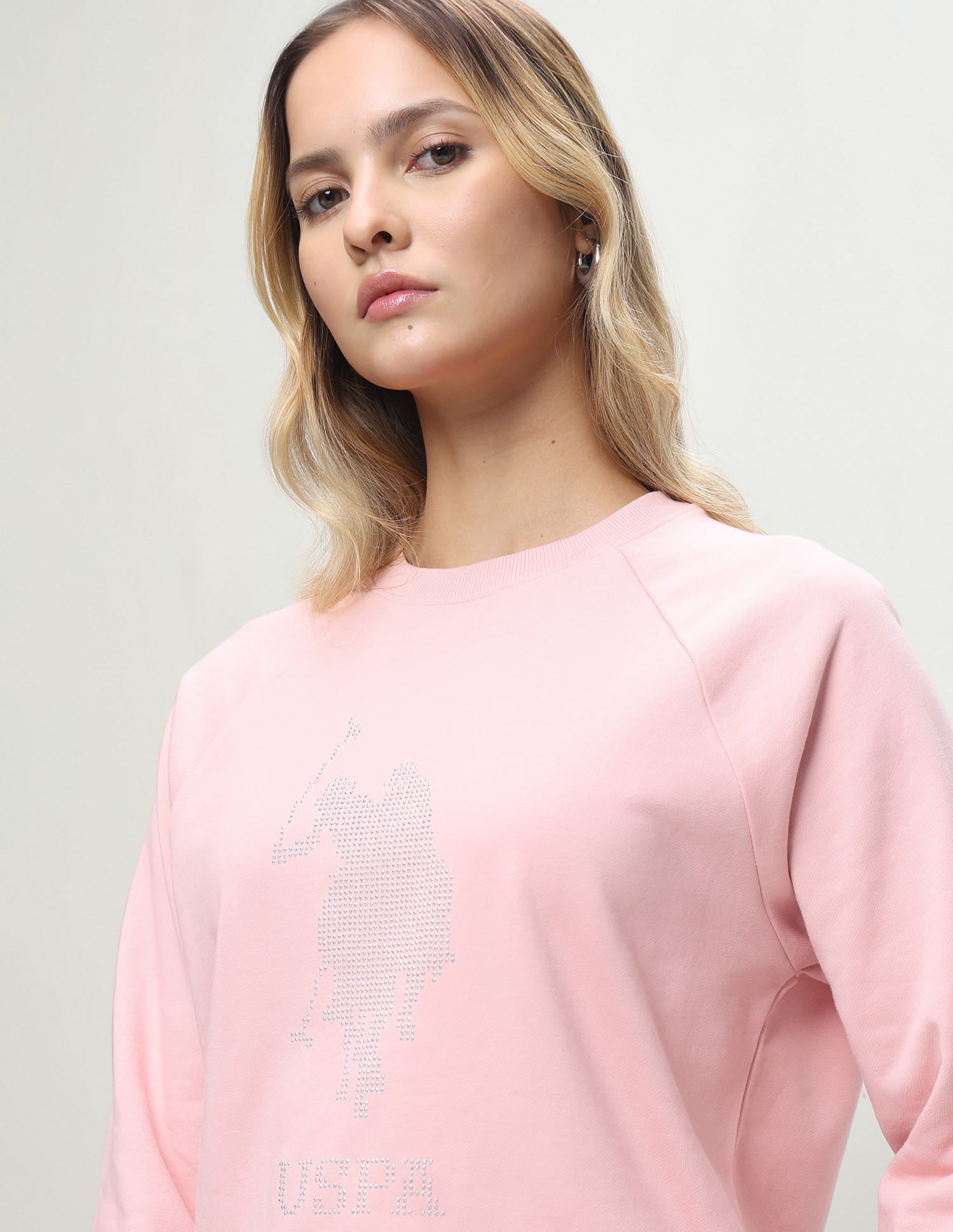 Brand Embellished Regular Fit Sweatshirt Light Pink - U.S. Polo Assn. India | Large