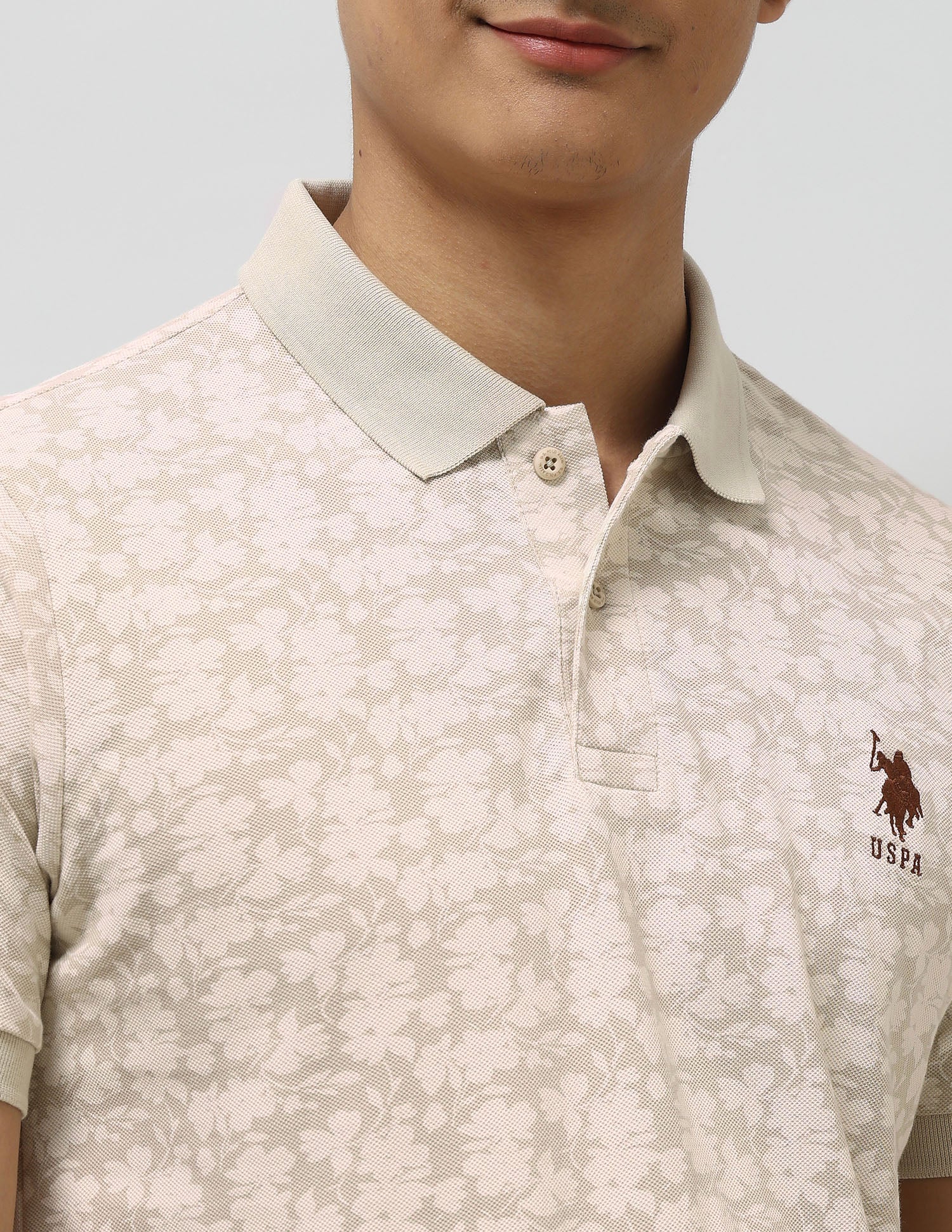 Floral Printed Slim Fit Polo Shirt Beige - U.S. POLO ASSN. | Large