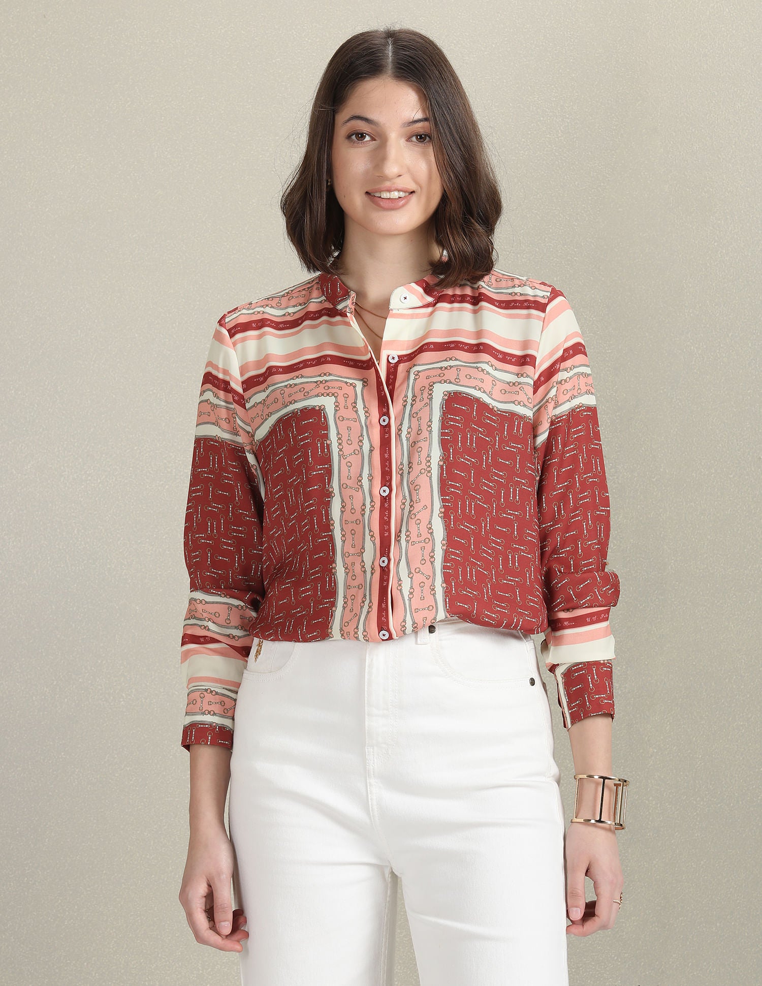 Mandarin Collar Geometric Print Shirt White, Peach and Brown - U.S. Polo Assn. India | Large